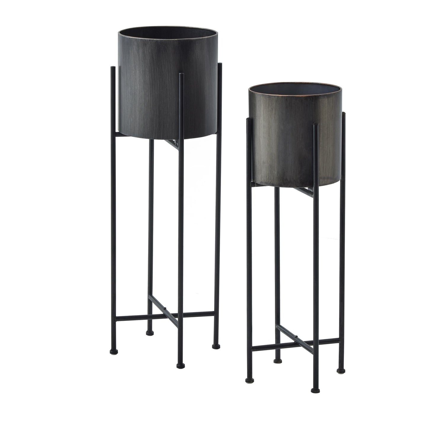 Large Gun Metal Grey Cylindrical Planter On Black Frame