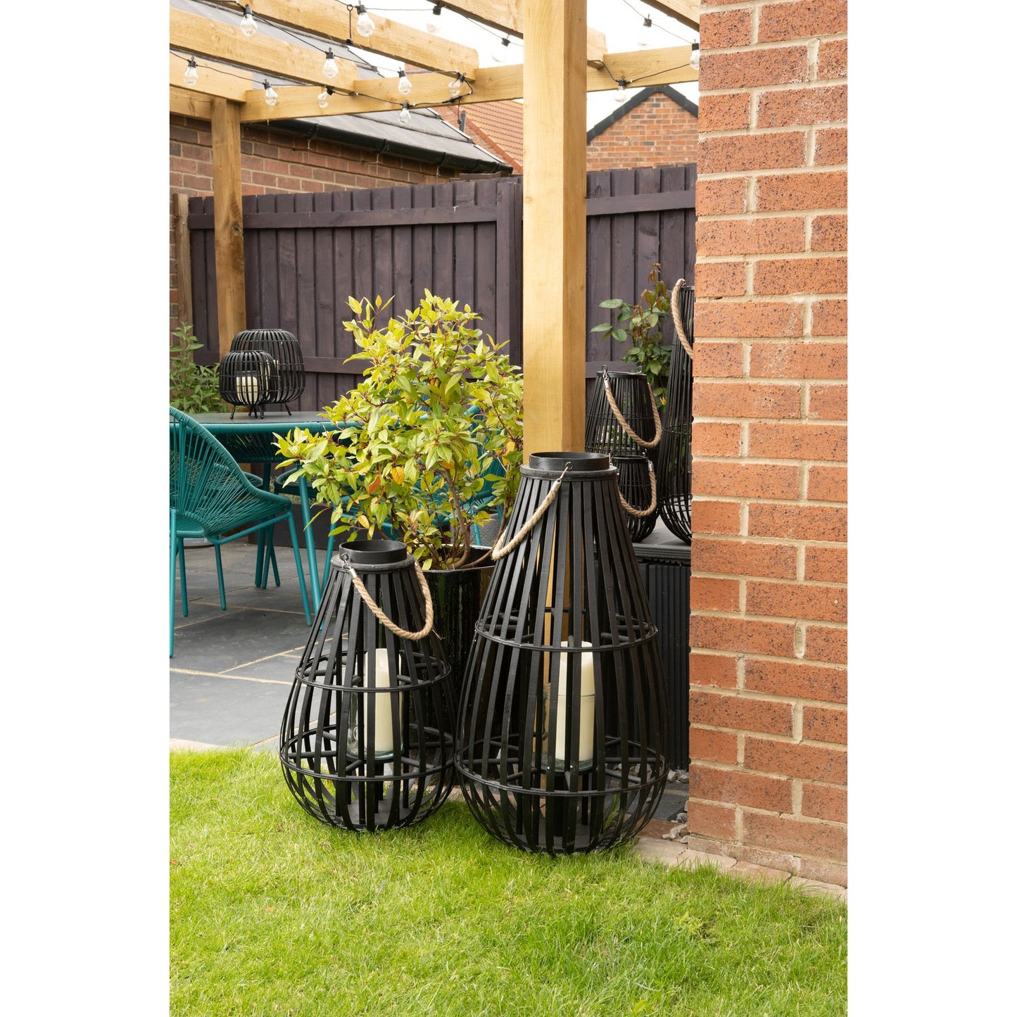 Floor Standing Domed Wicker Lantern With Rope Detail