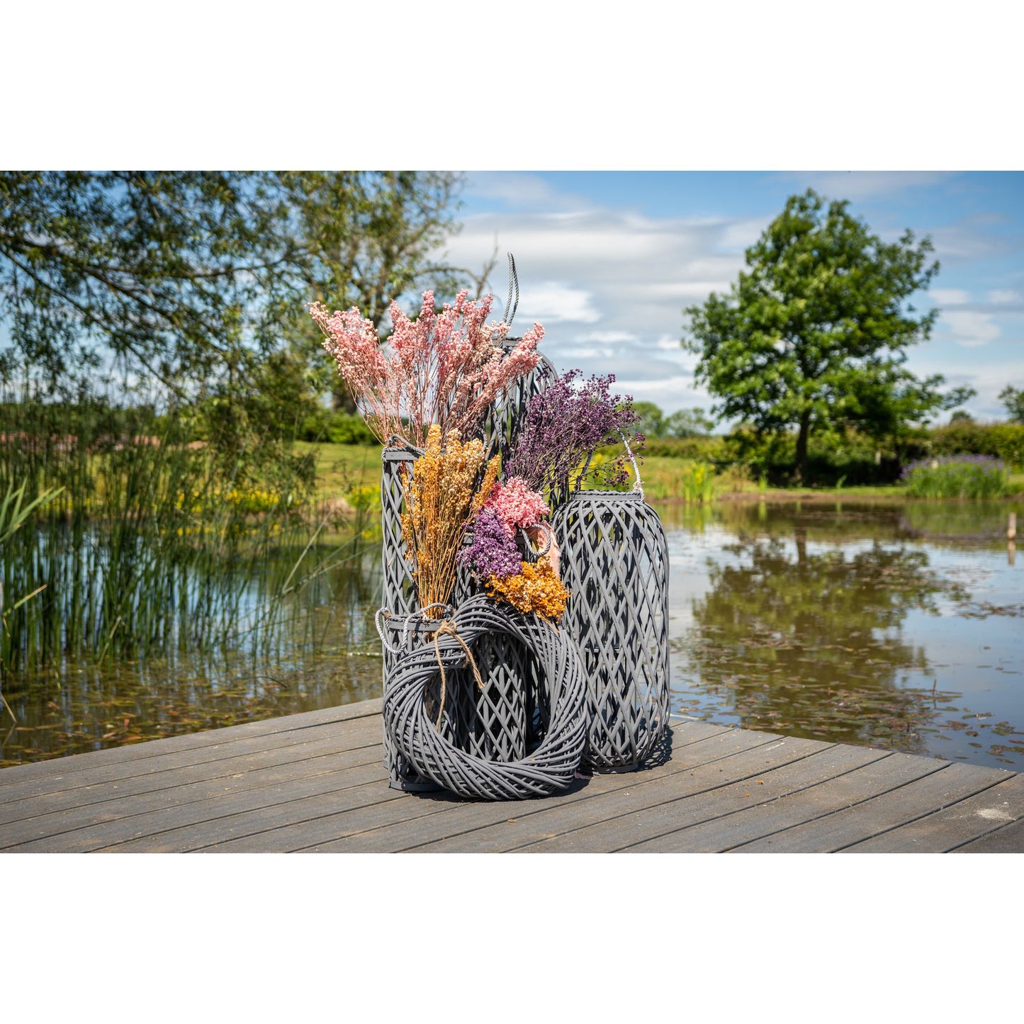 Large Grey Standing Wicker Lantern