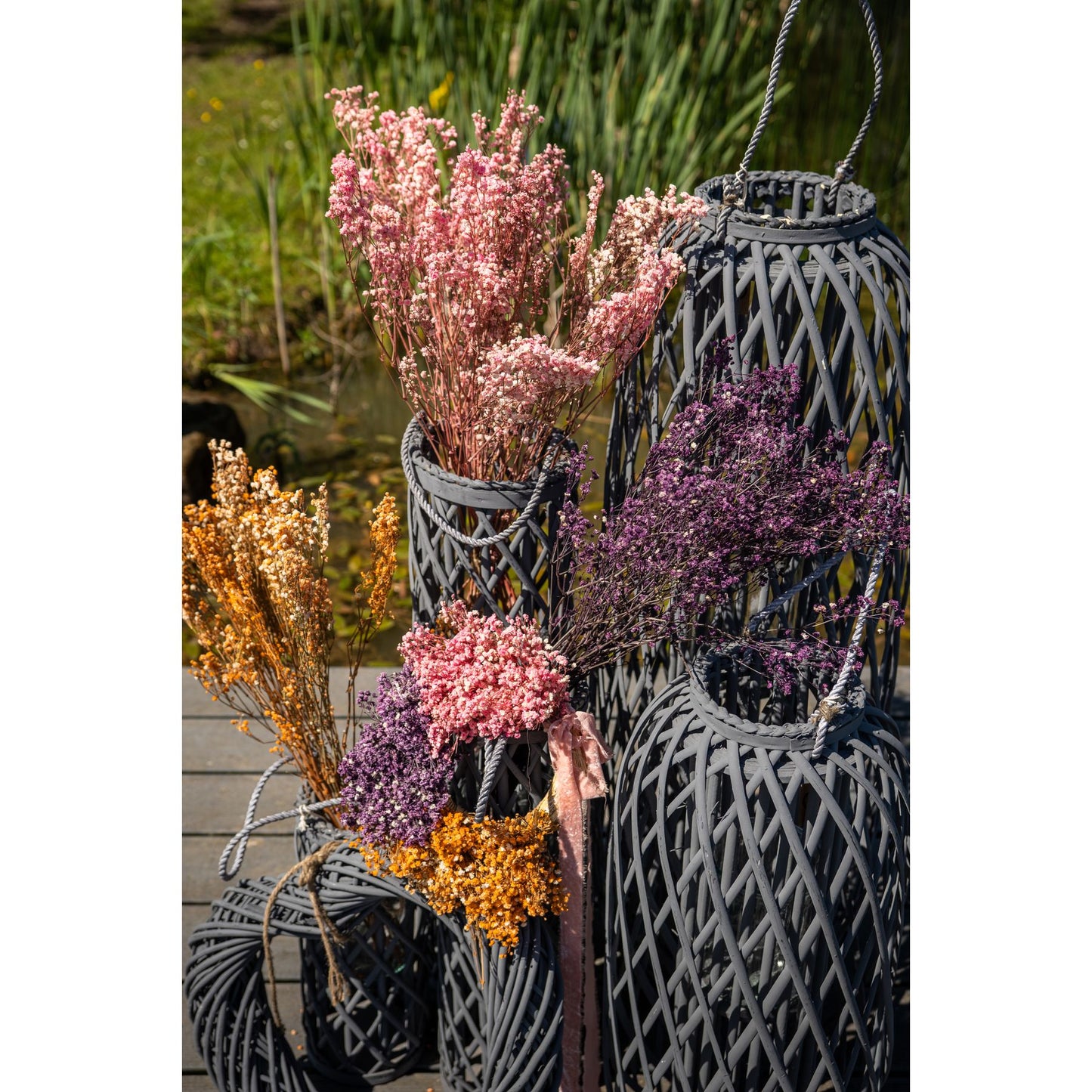 Large Grey Standing Wicker Lantern
