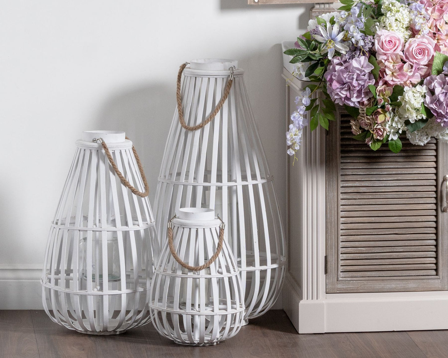 Large White Floor Standing Domed Wicker Lantern With Rope