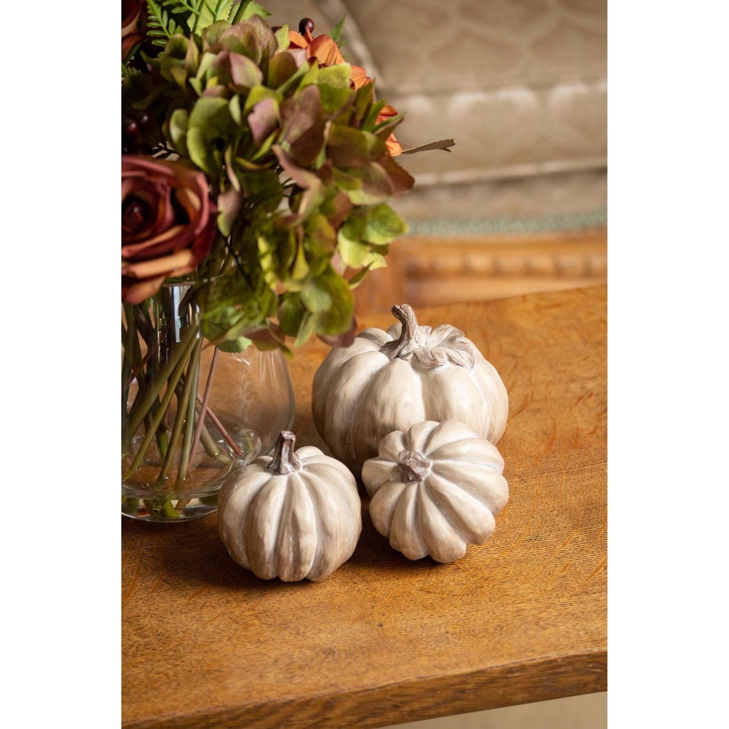 Set Of Six Carved Wood Effect Pumpkins
