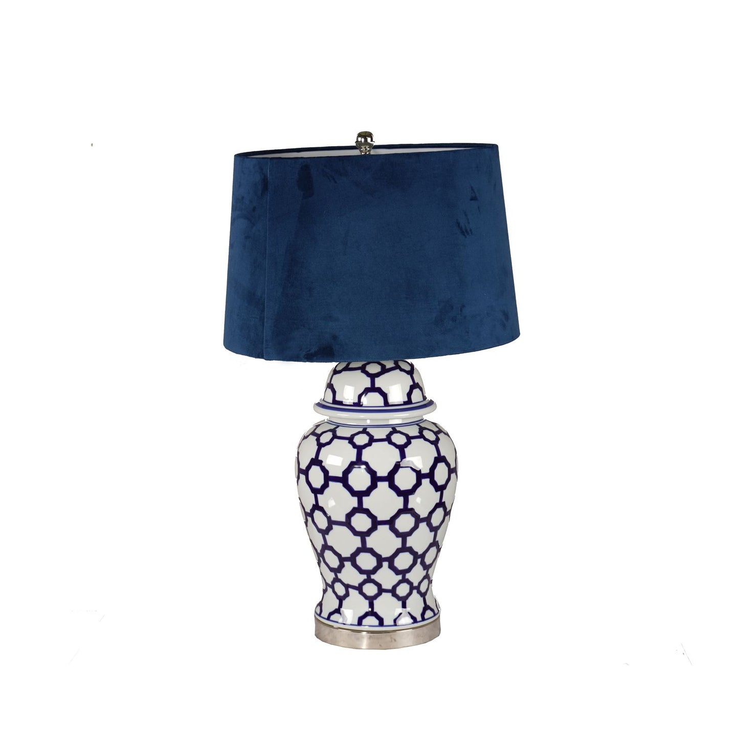 Acanthus Blue And White Ceramic Lamp With Blue Velvet Shade