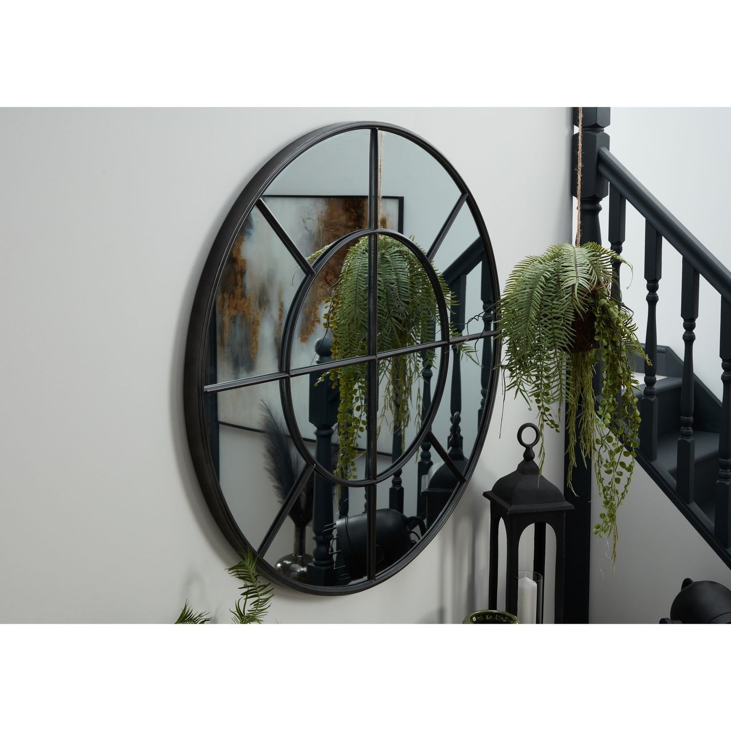 Large Round Metal Window Mirror In Black