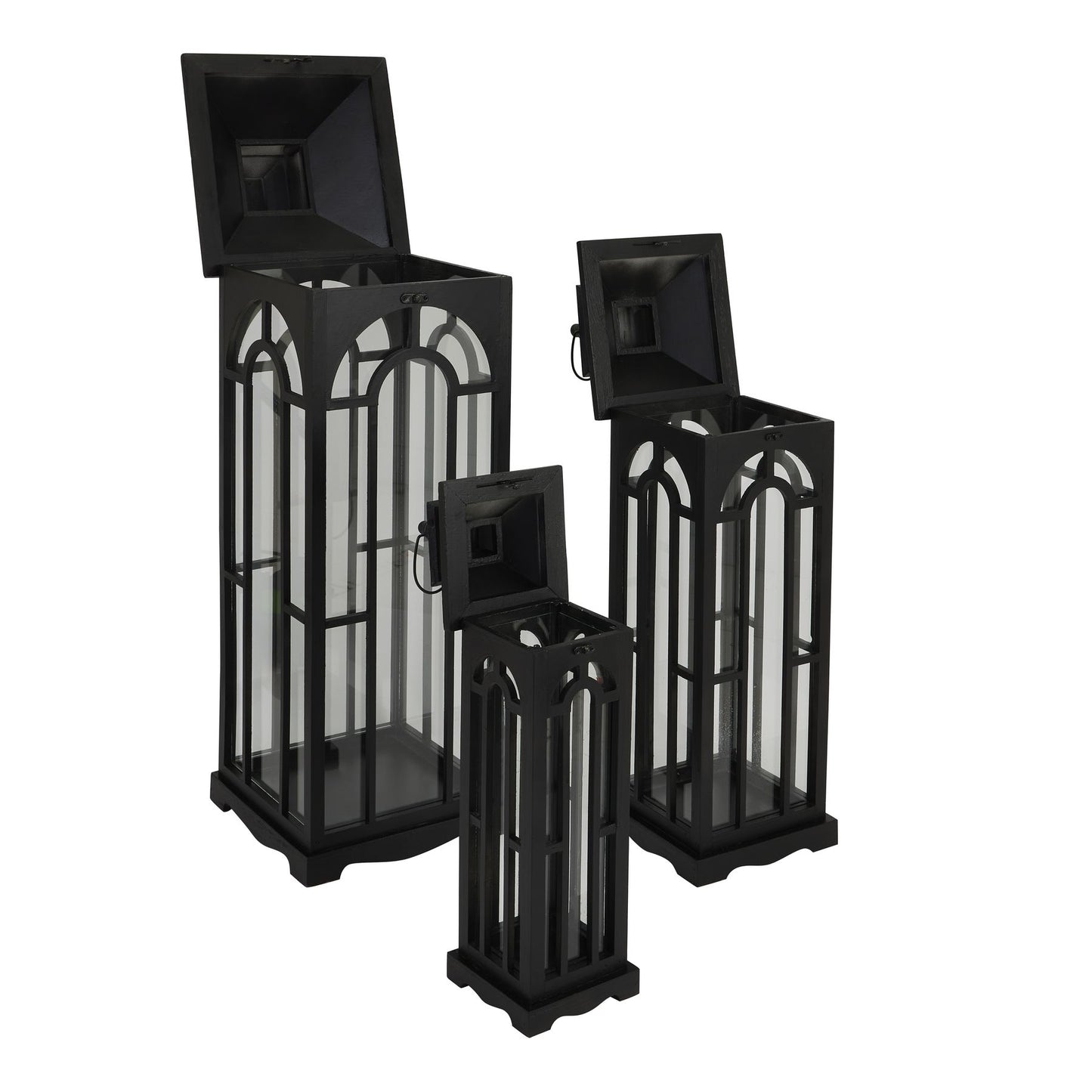 Set Of 3 Black Window Style Lanterns With Open Top