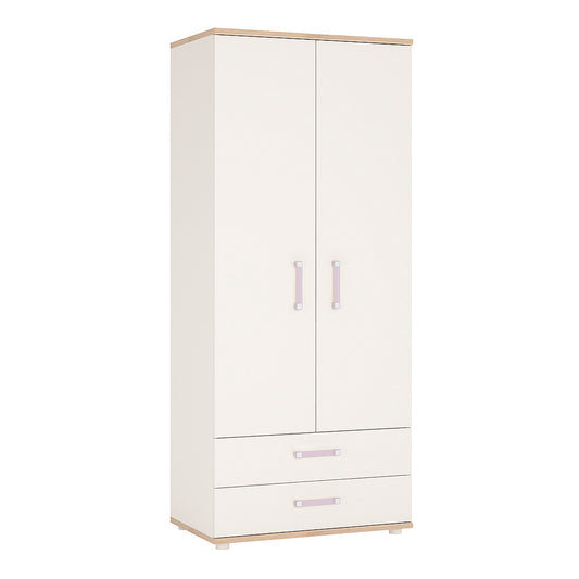 4Kids  2 Door 2 Drawer Wardrobe in Light Oak and white High Gloss (lilac handles)