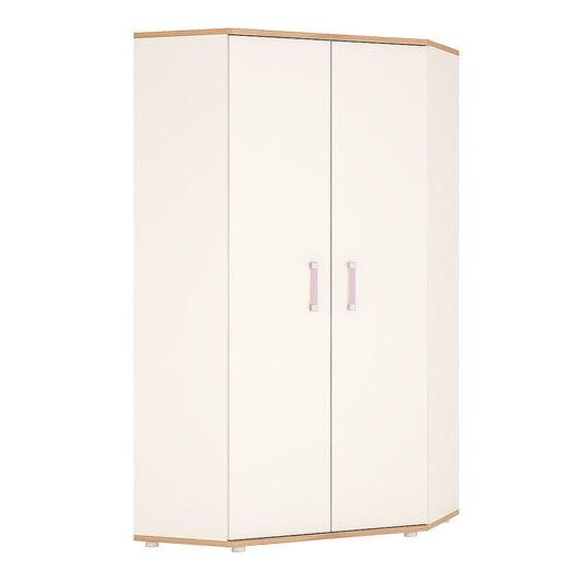 4Kids  Corner Wardrobe in Light Oak and white High Gloss (lilac handles)