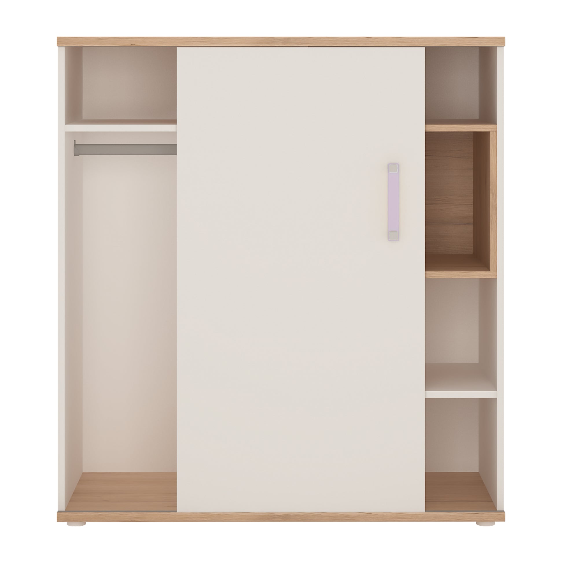 4Kids  Low Cabinet with shelves (Sliding Door) in Light Oak and white High Gloss (lilac handles)