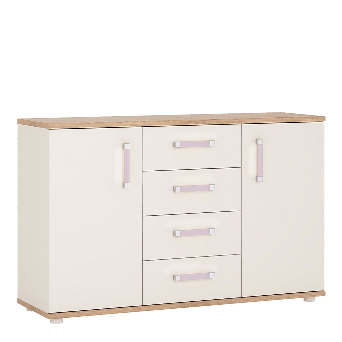 4Kids  2 Door 4 Drawer Sideboard in Light Oak and white High Gloss (lilac handles)