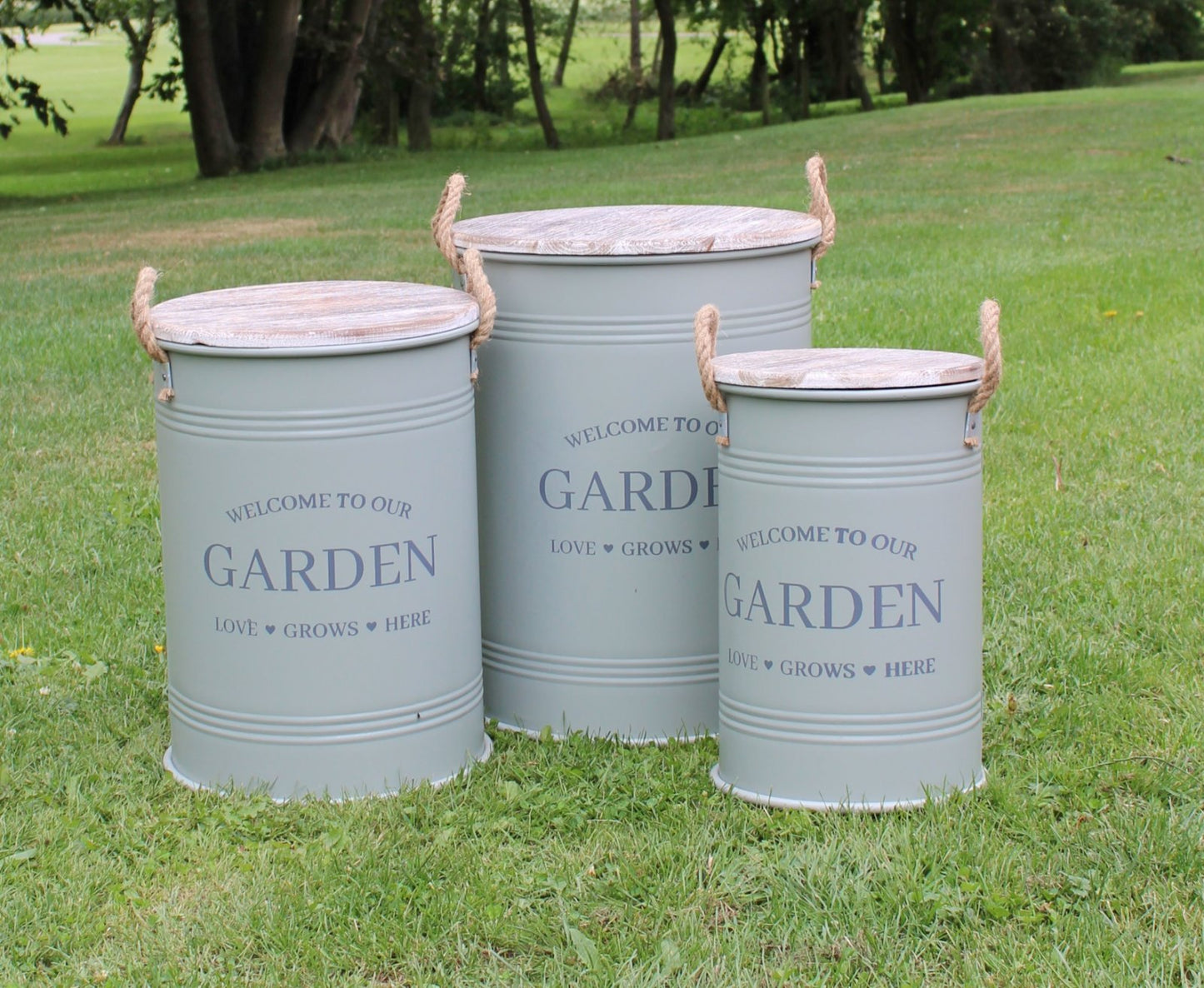 Set of Three Potting Shed Green Round Storage Tins