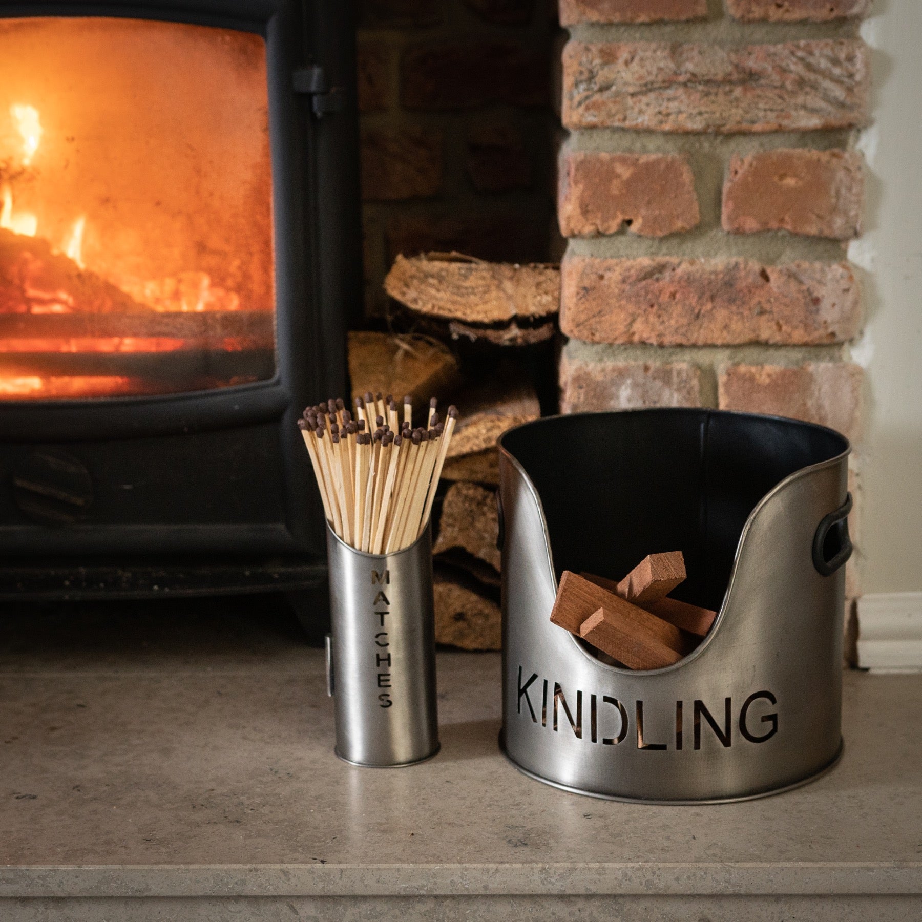 Pewter Finish Logs And Kindling Buckets & Matchstick Holder