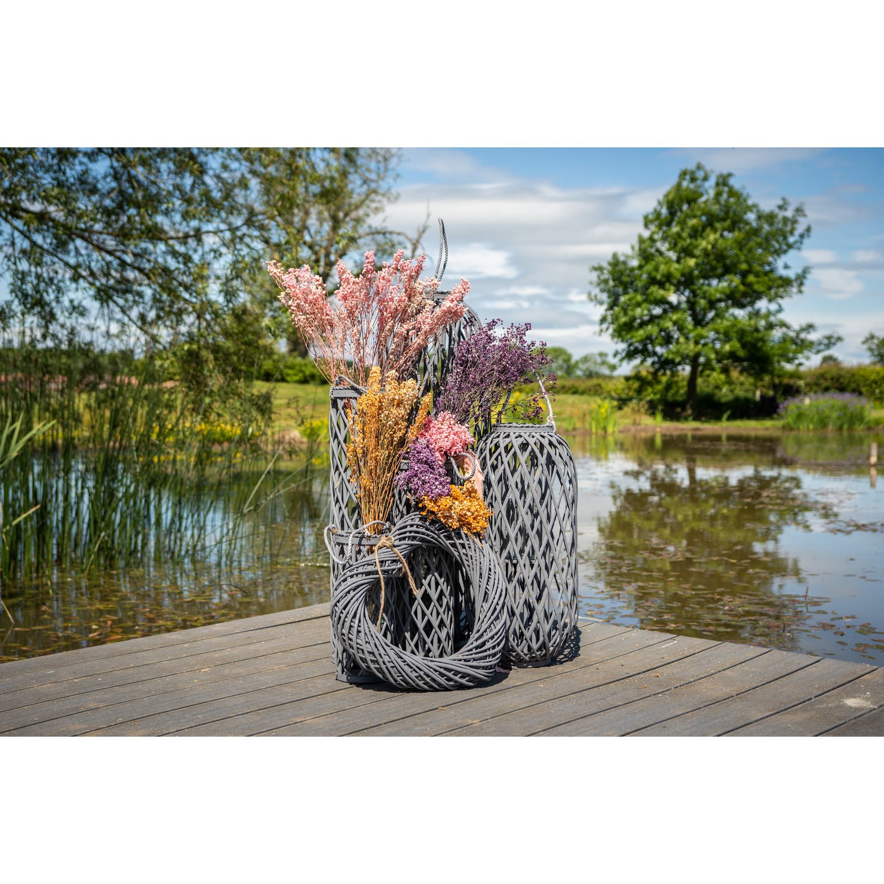 Large Grey Standing Wicker Lantern