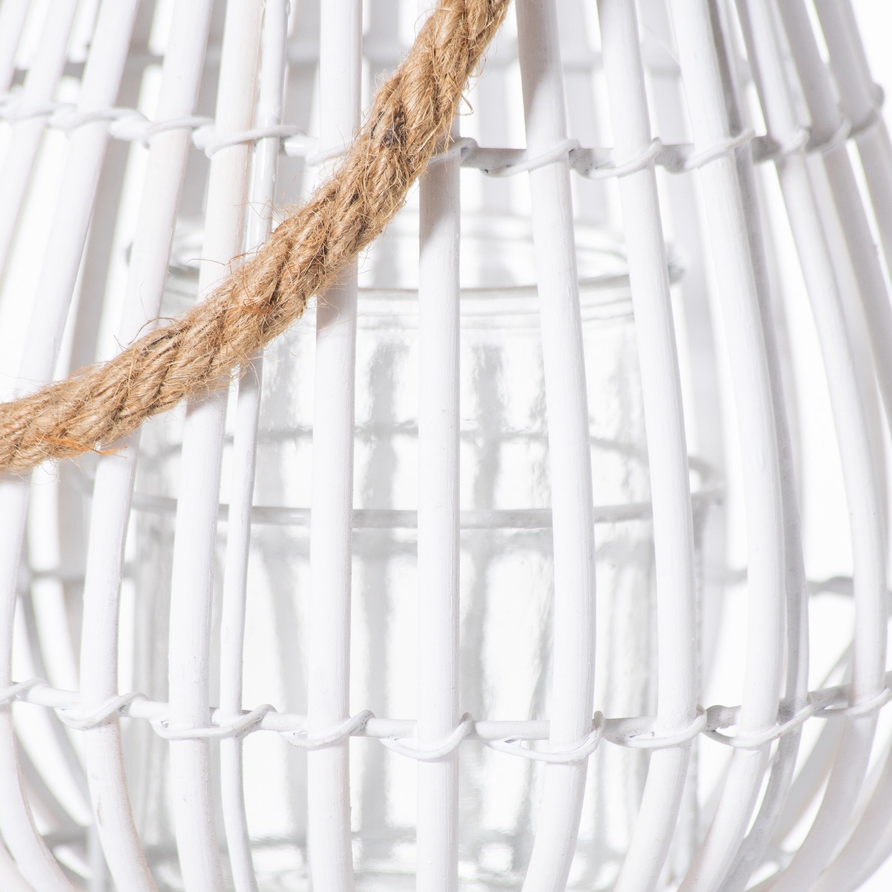 Small Domed White Rattan Lantern With Rope Detail