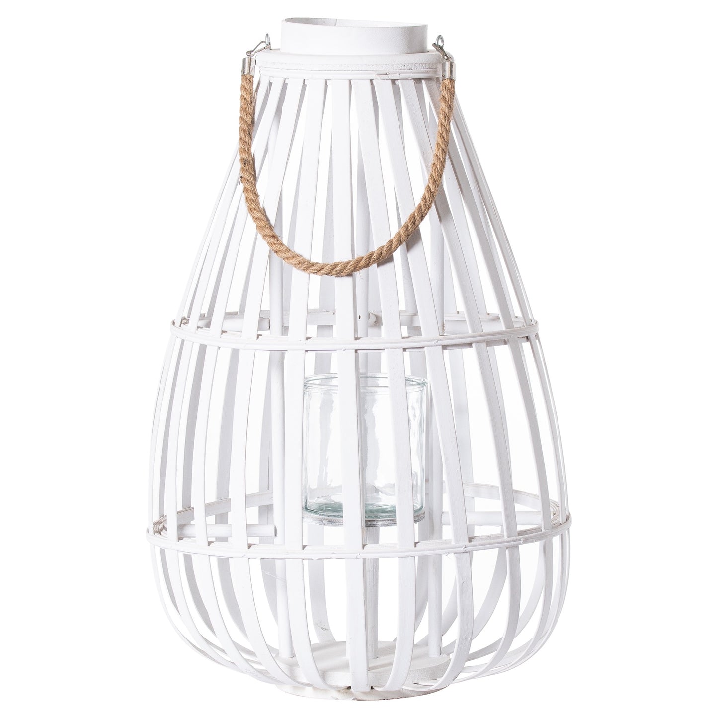 White Floor Standing Domed Wicker Lantern With Rope Detail
