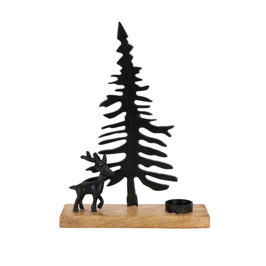 Large Cast Tree And Stag Black Candle Holder Ornament