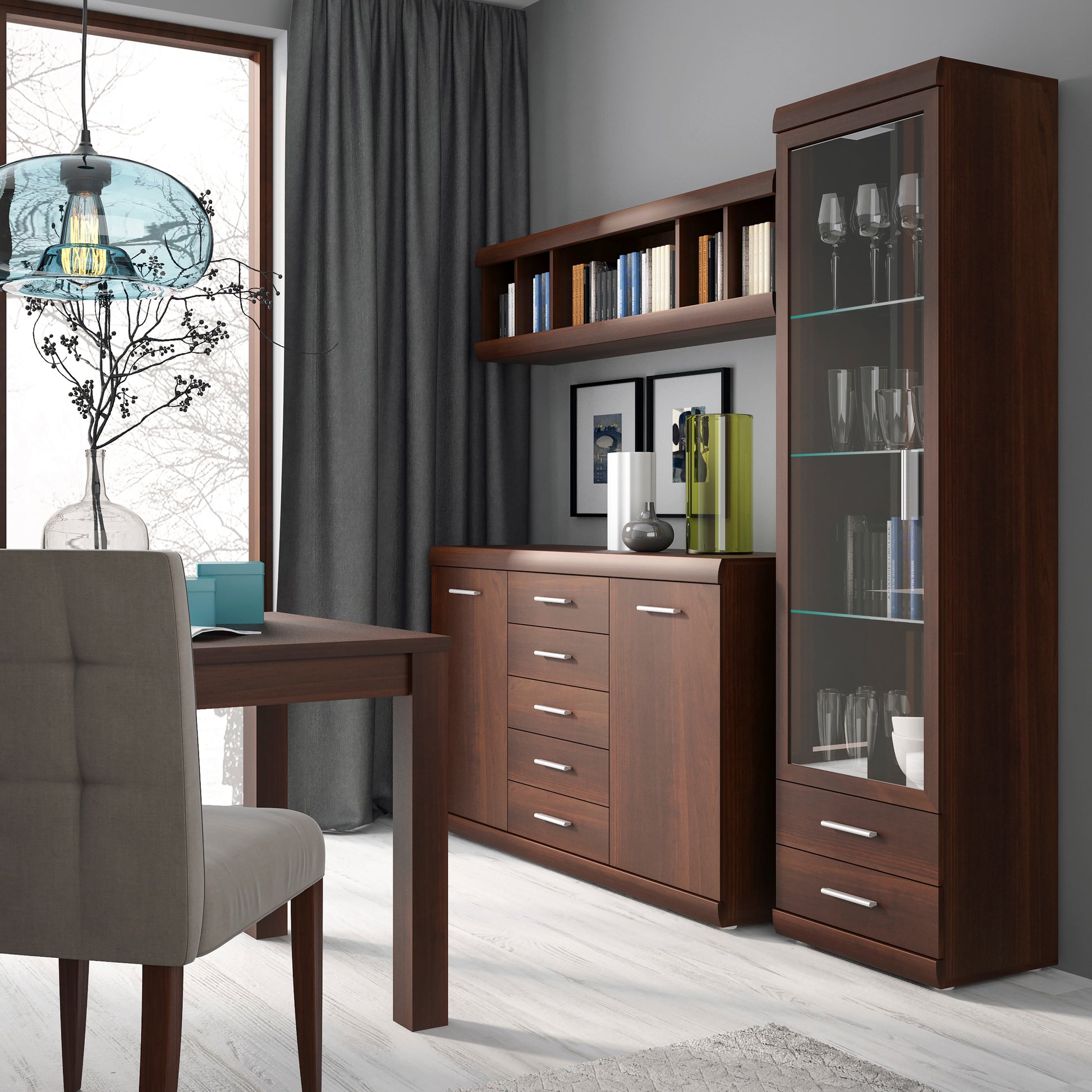 Imperial  Tall Glazed 1 Door 2 Drawer Narrow Cabinet in Dark Mahogany Melamine