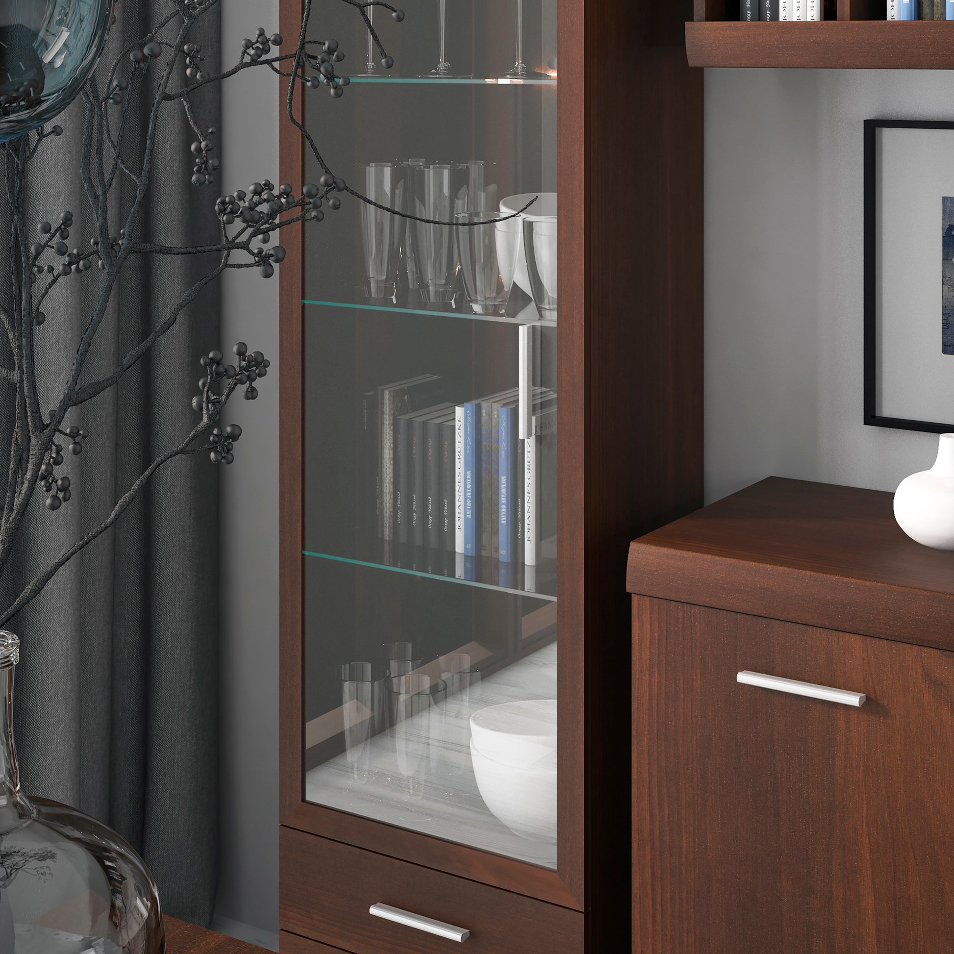 Imperial  Tall Glazed 1 Door 2 Drawer Narrow Cabinet in Dark Mahogany Melamine