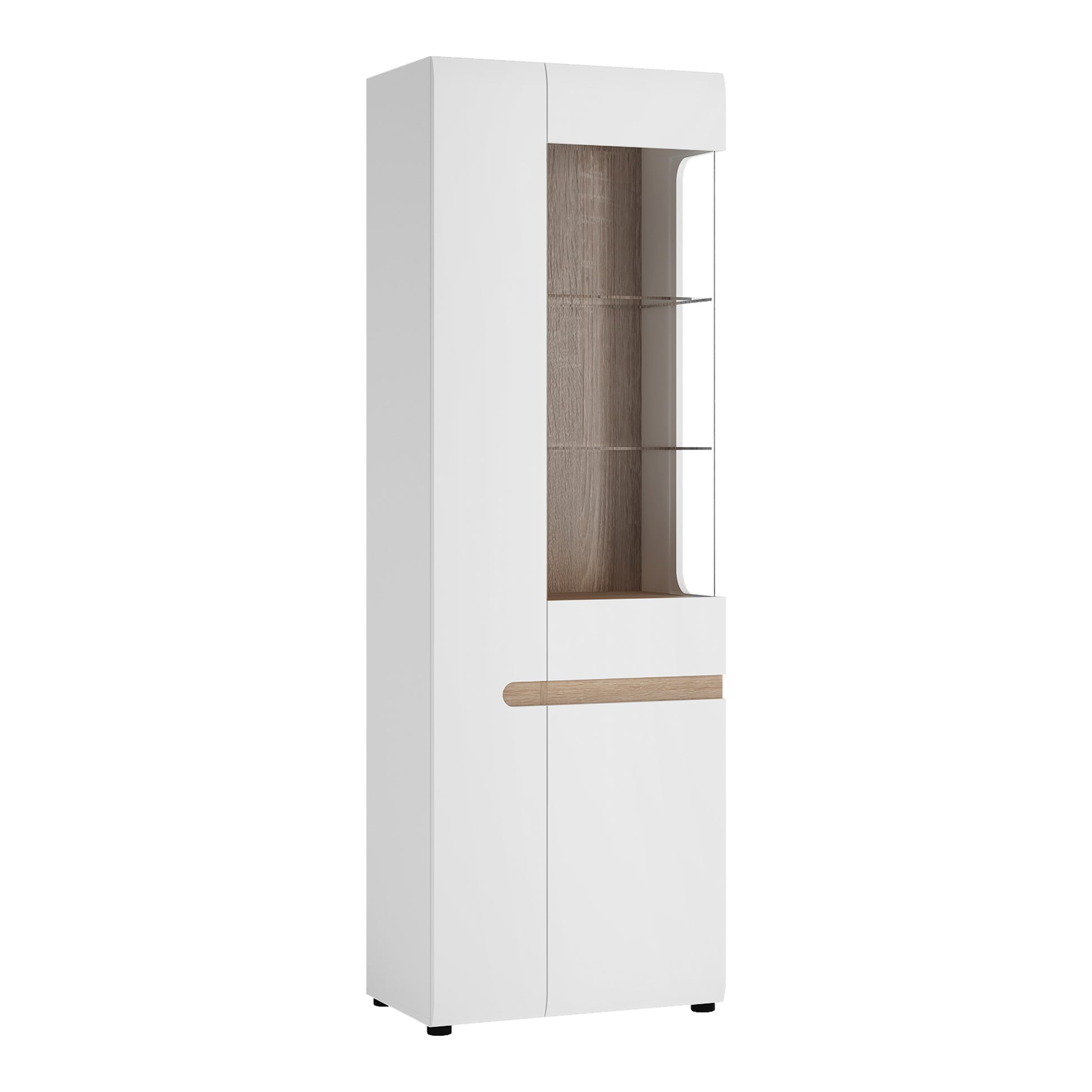 Chelsea  Tall Glazed Narrow Display unit (LHD) in White with Oak Trim