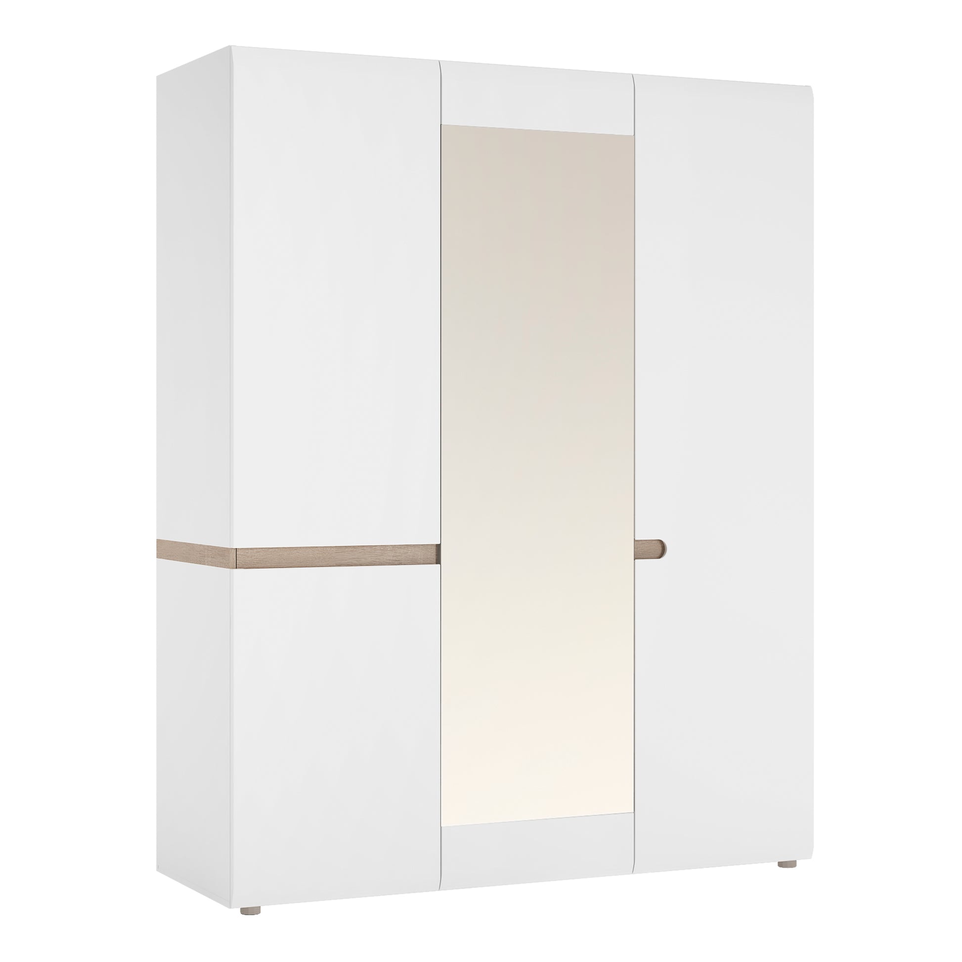 Chelsea  3 Door Wardrobe with mirror and Internal shelving in White with Oak Trim