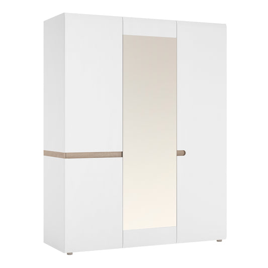 Chelsea  3 Door Wardrobe with mirror and Internal shelving in White with Oak Trim