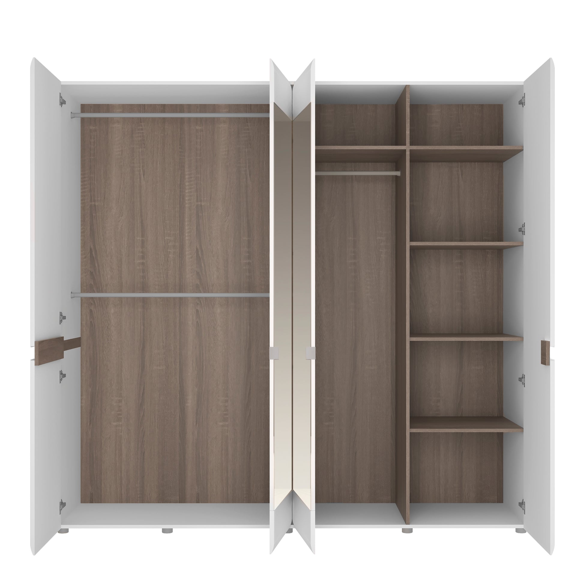 Chelsea  4 Door Wardrobe with mirrors and Internal shelving in White with Oak Trim