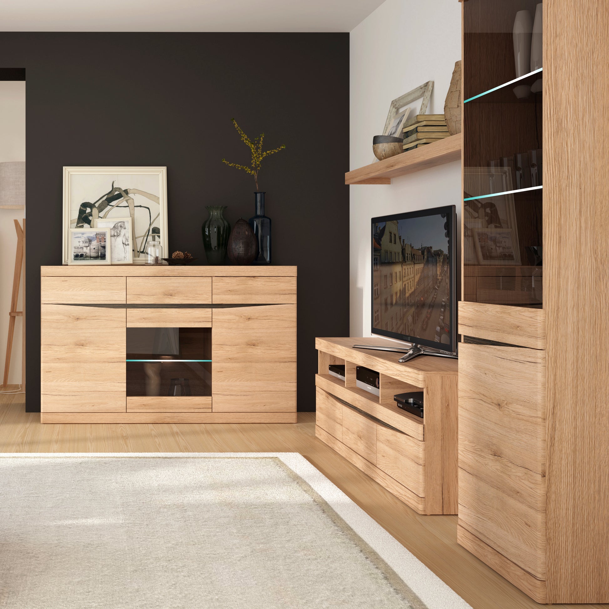 Kensington  Tall Narrow 2 Door Glazed Display Cabinet (RHD) in Oak