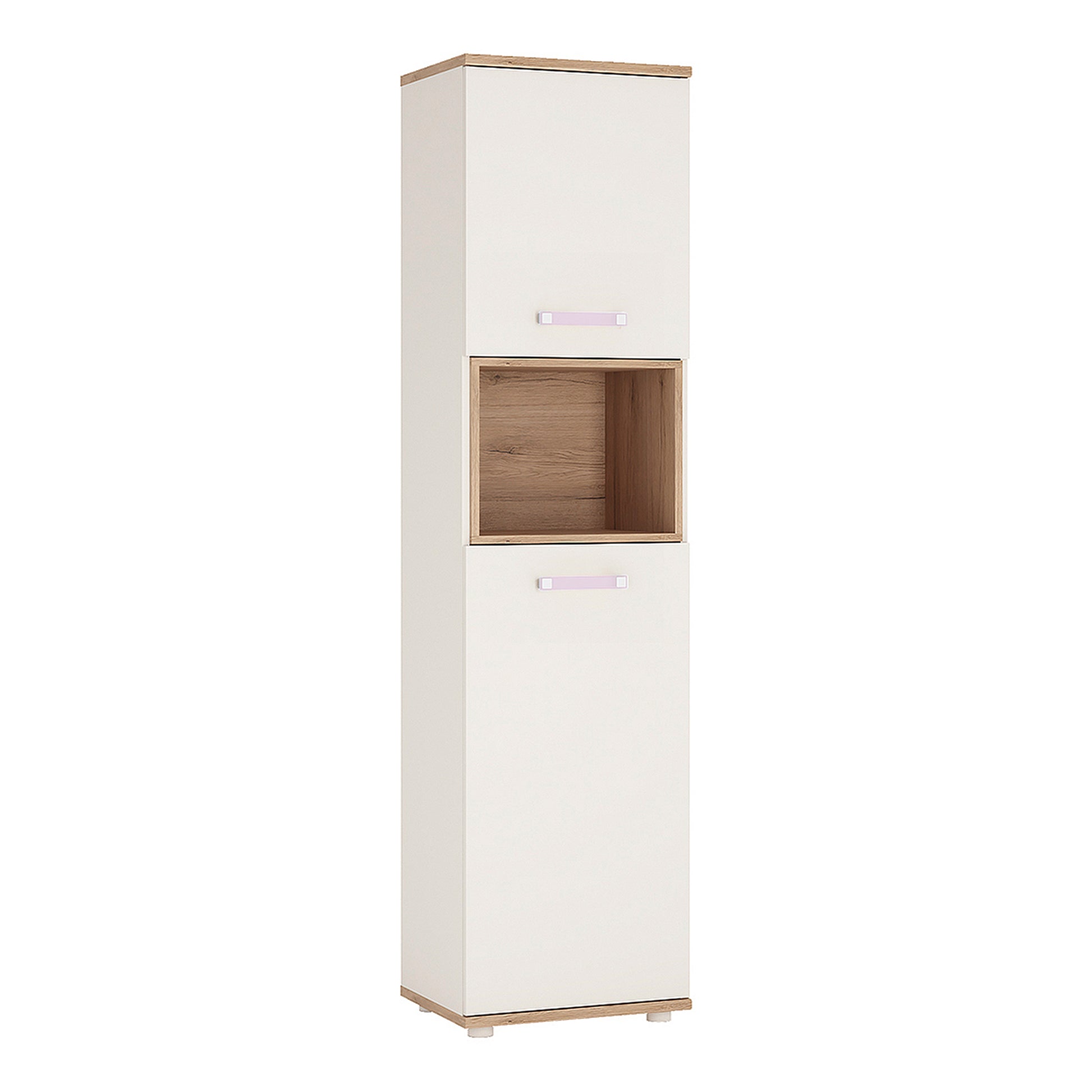 4Kids  Tall 2 Door Cabinet in Light Oak and white High Gloss (lilac handles)
