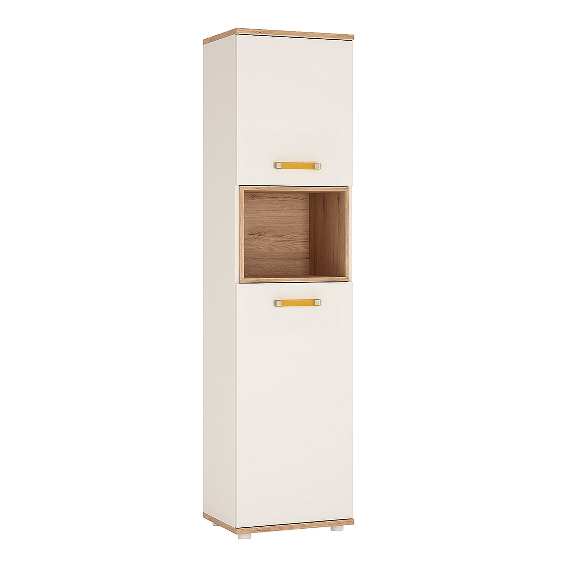 4Kids  Tall 2 Door Cabinet in Light Oak and white High Gloss (orange handles)