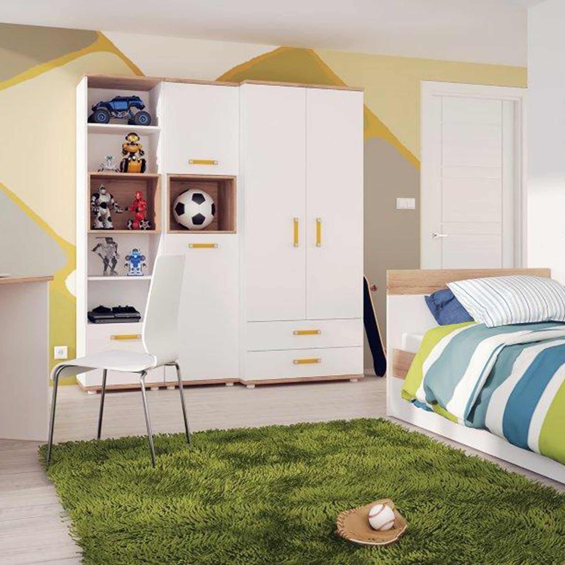 4Kids  Tall 2 Door Cabinet in Light Oak and white High Gloss (orange handles)