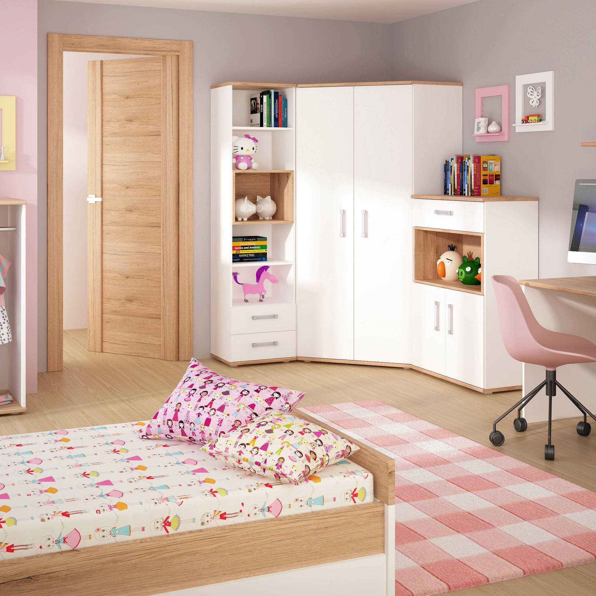 4Kids  Tall 2 Drawer Bookcase in Light Oak and white High Gloss (opalino handles)