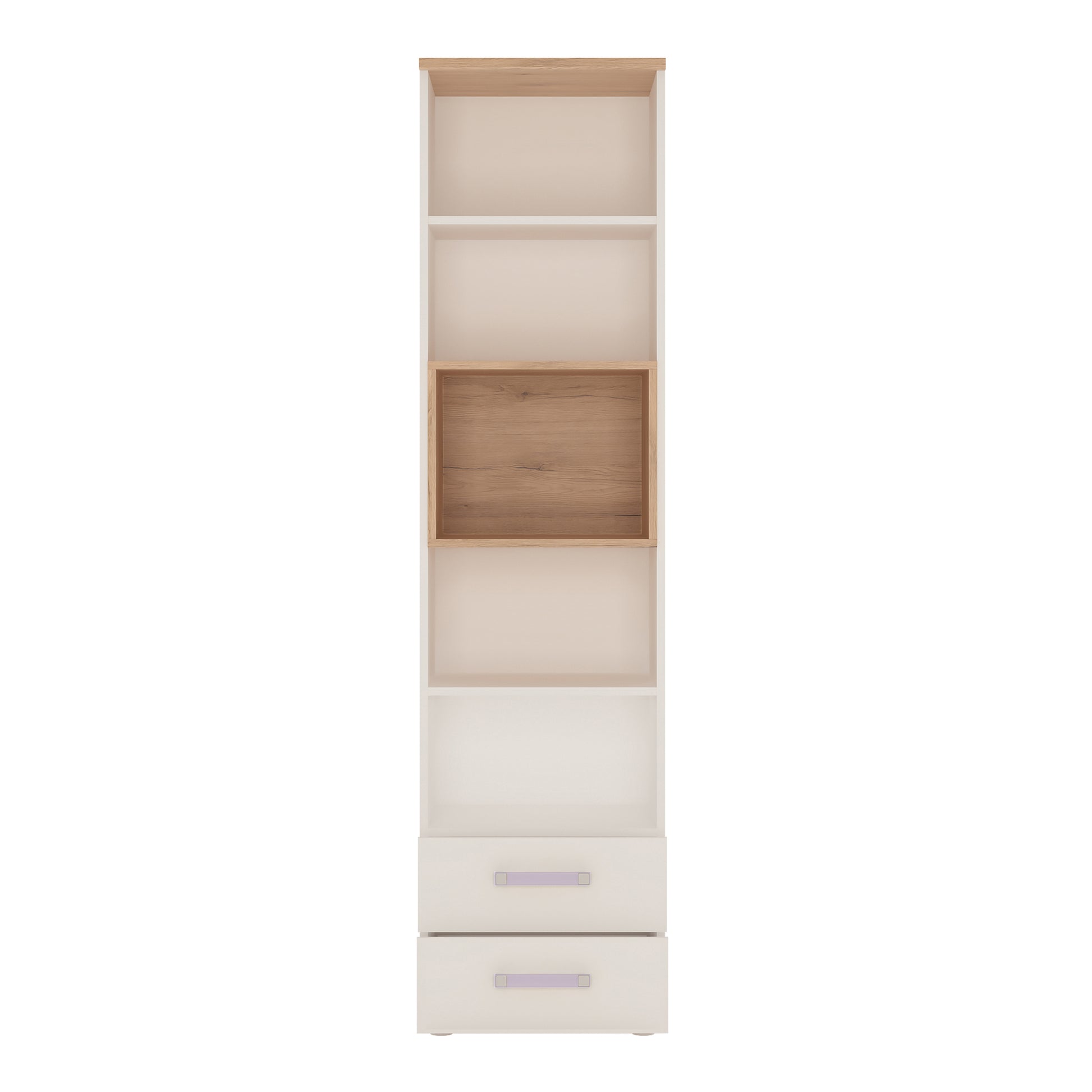 4Kids  Tall 2 Drawer Bookcase in Light Oak and white High Gloss (lilac handles)