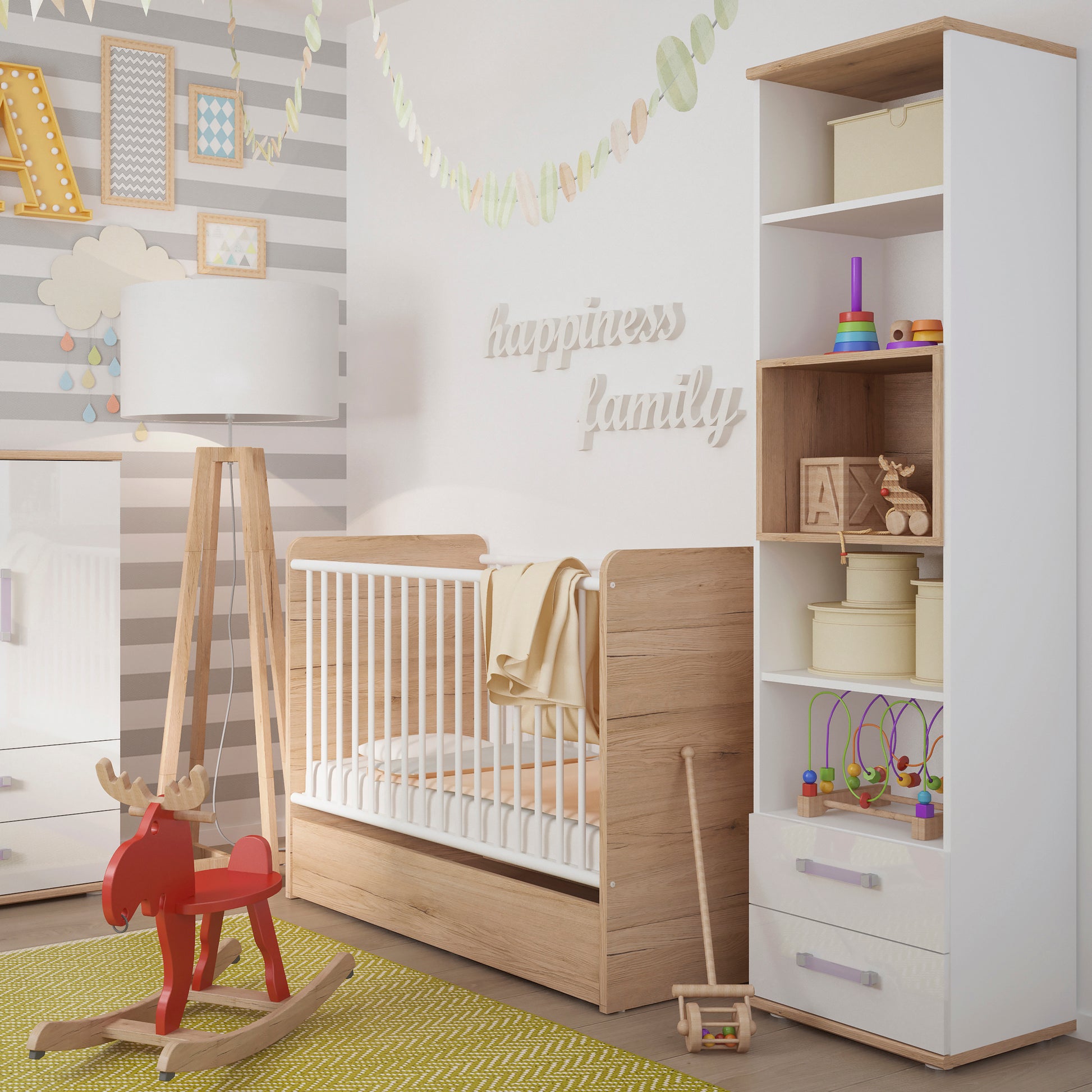 4Kids  Tall 2 Drawer Bookcase in Light Oak and white High Gloss (lilac handles)