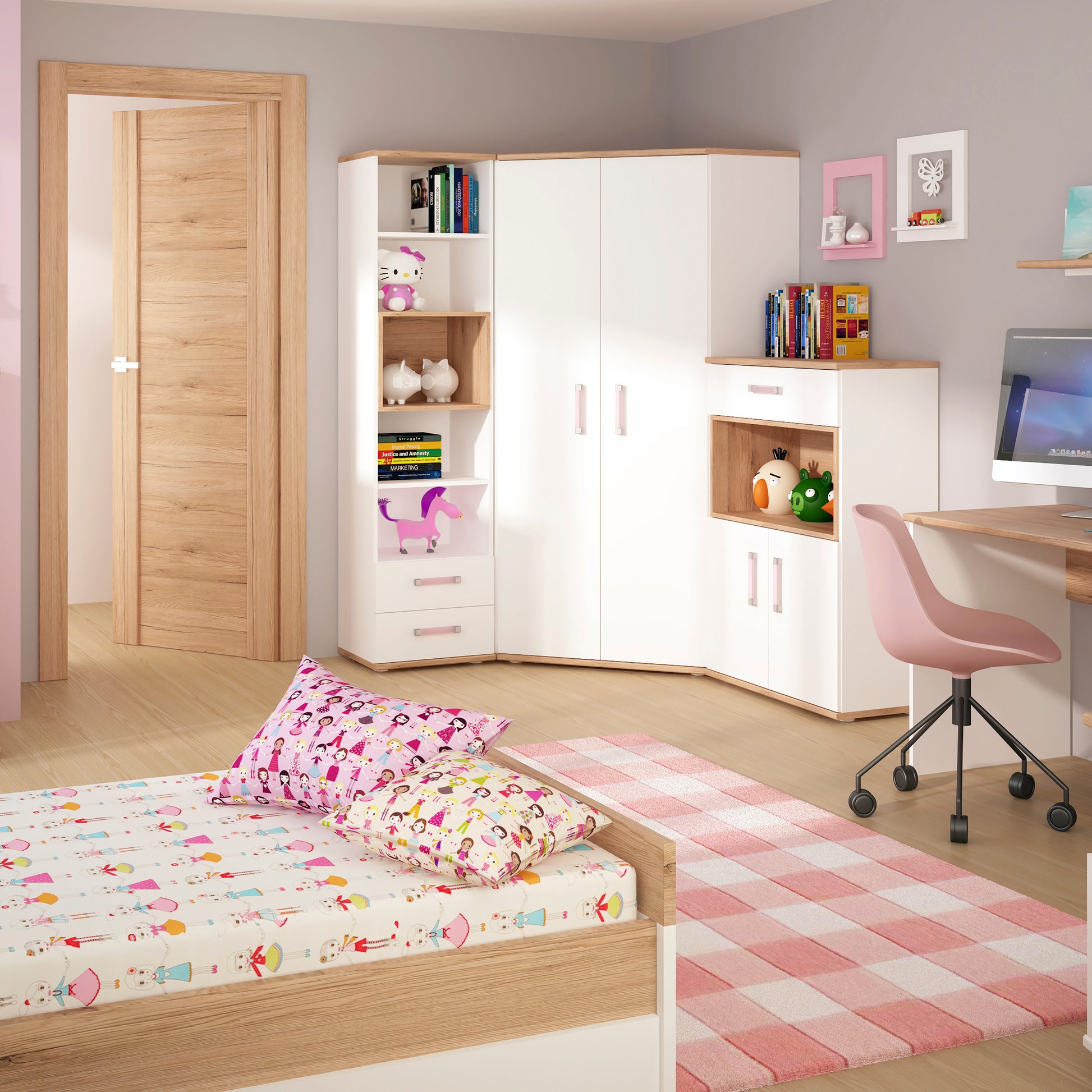 4Kids  Tall 2 Drawer Bookcase in Light Oak and white High Gloss (lilac handles)
