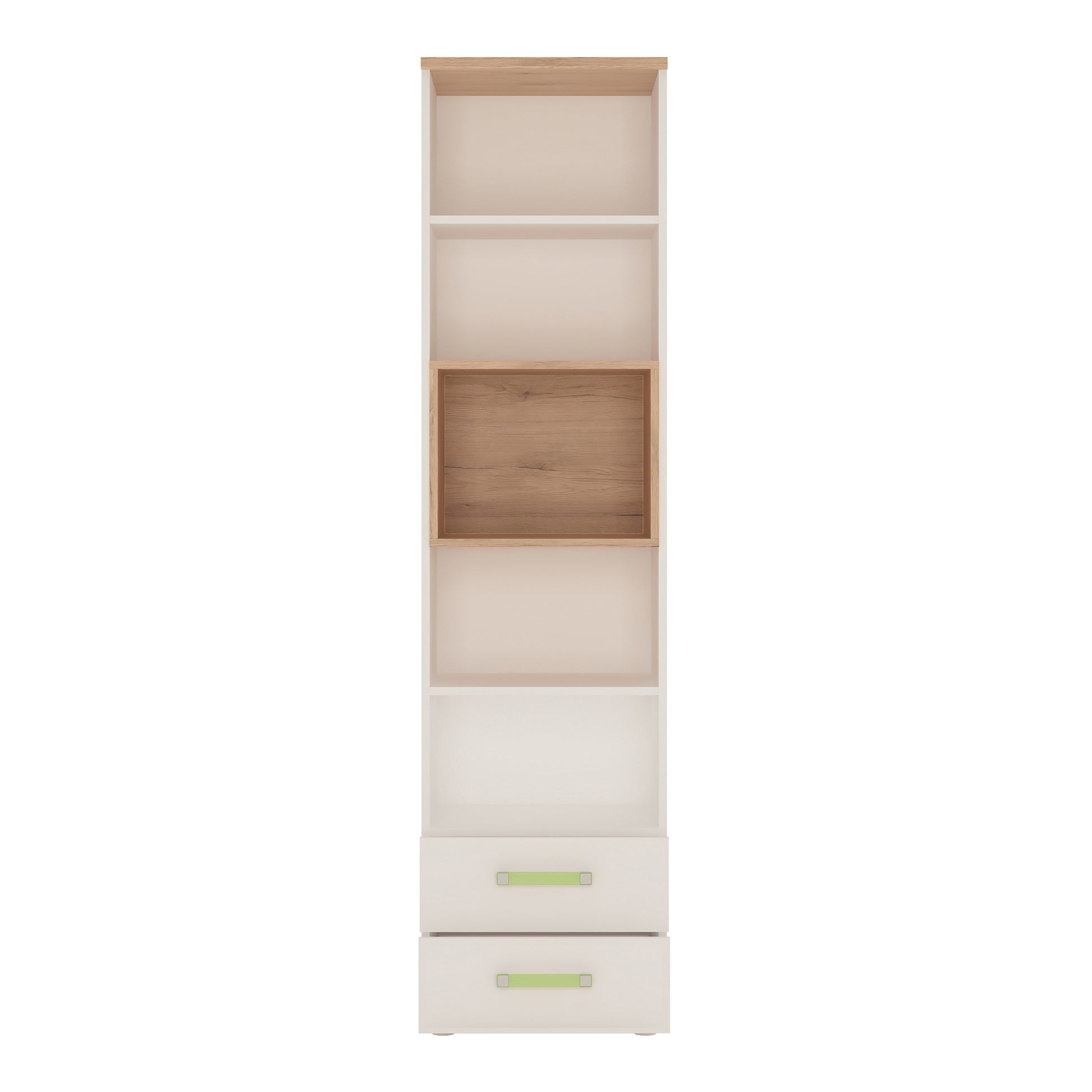 4Kids  Tall 2 Drawer Bookcase in Light Oak and white High Gloss (lemon handles)