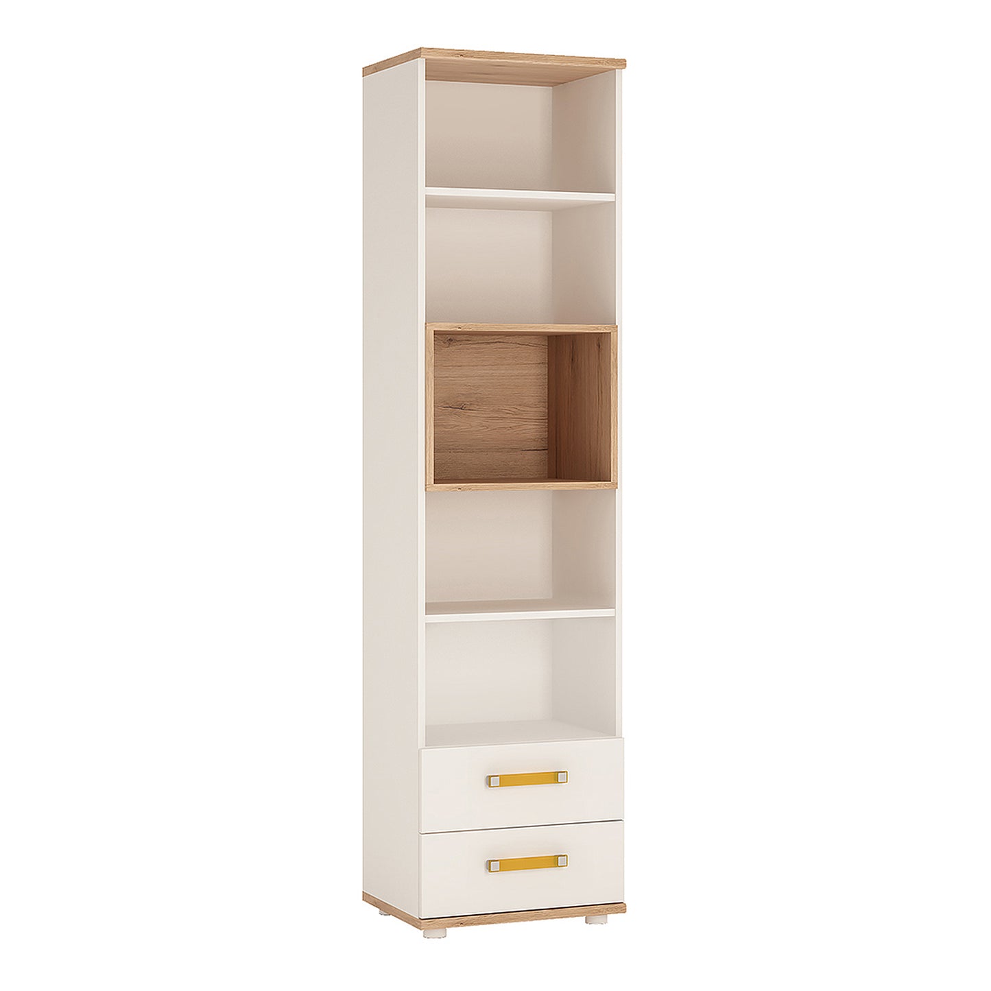 4Kids  Tall 2 Drawer Bookcase in Light Oak and white High Gloss (orange handles)
