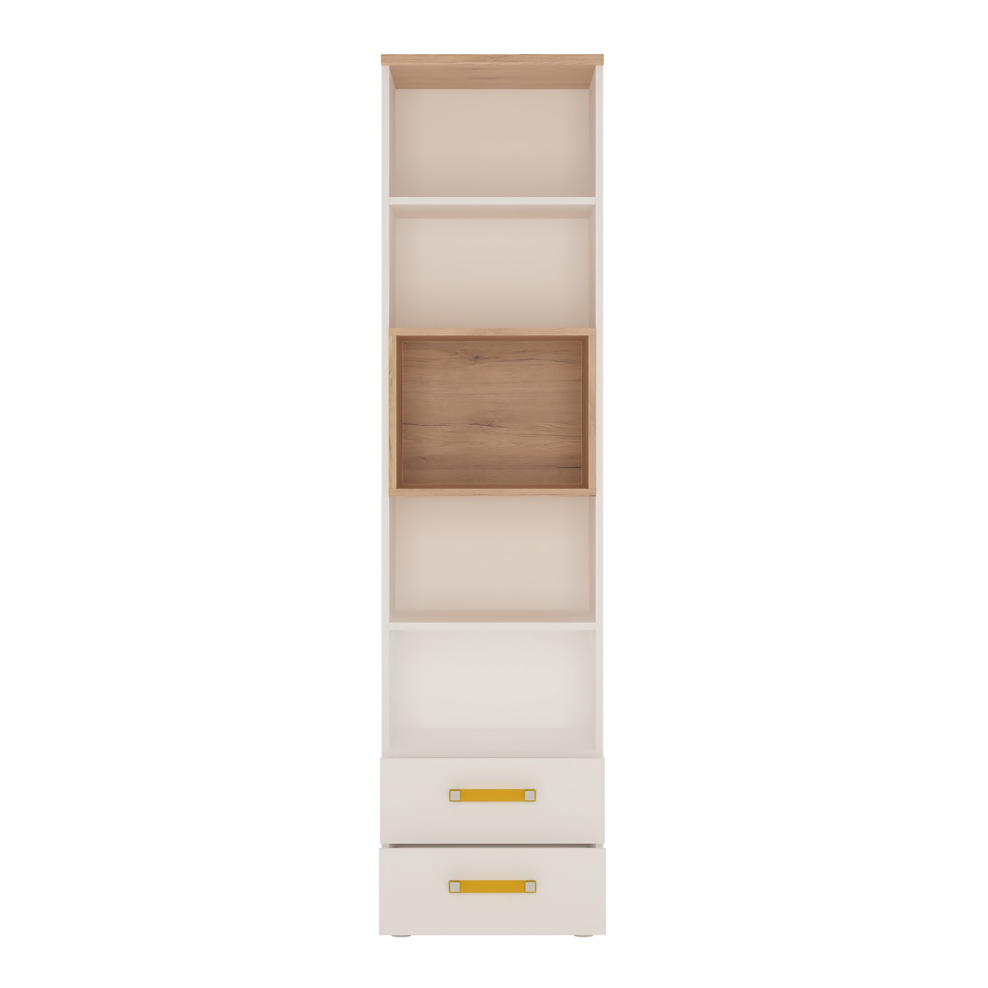 4Kids  Tall 2 Drawer Bookcase in Light Oak and white High Gloss (orange handles)