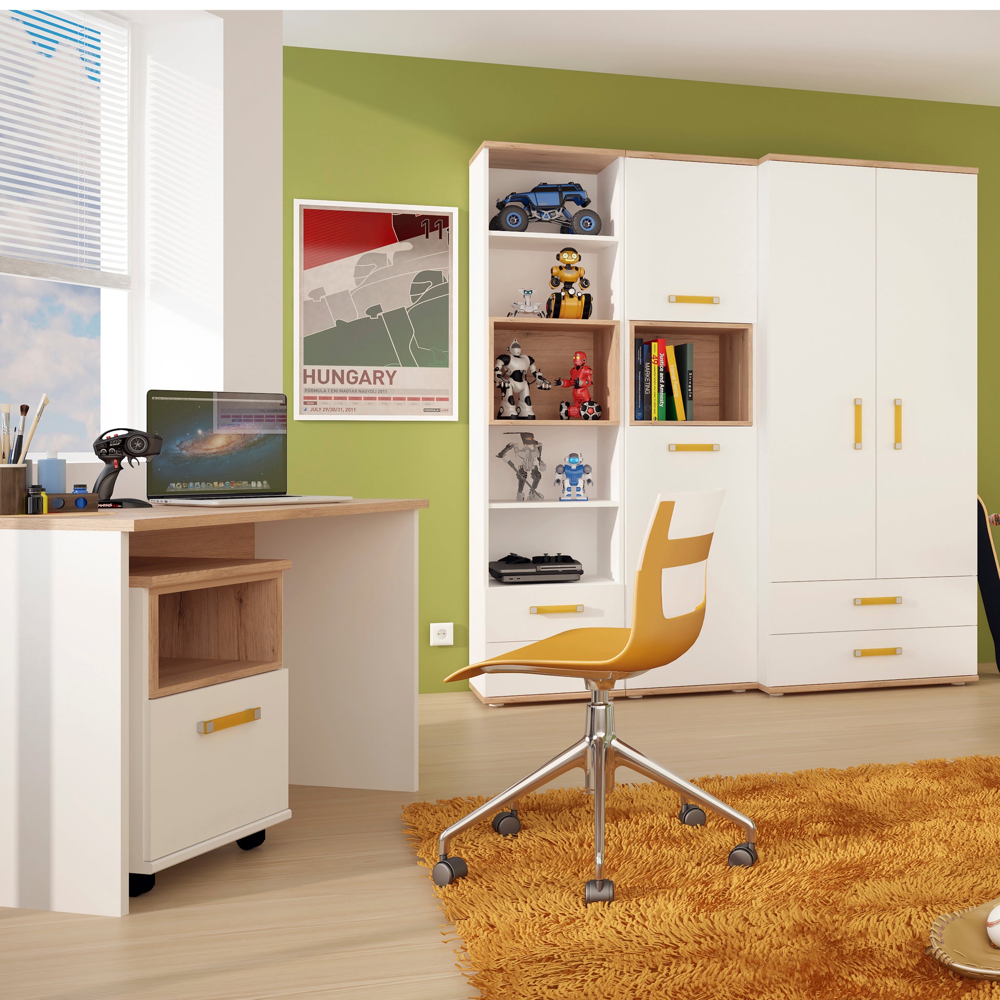 4Kids  Tall 2 Drawer Bookcase in Light Oak and white High Gloss (orange handles)