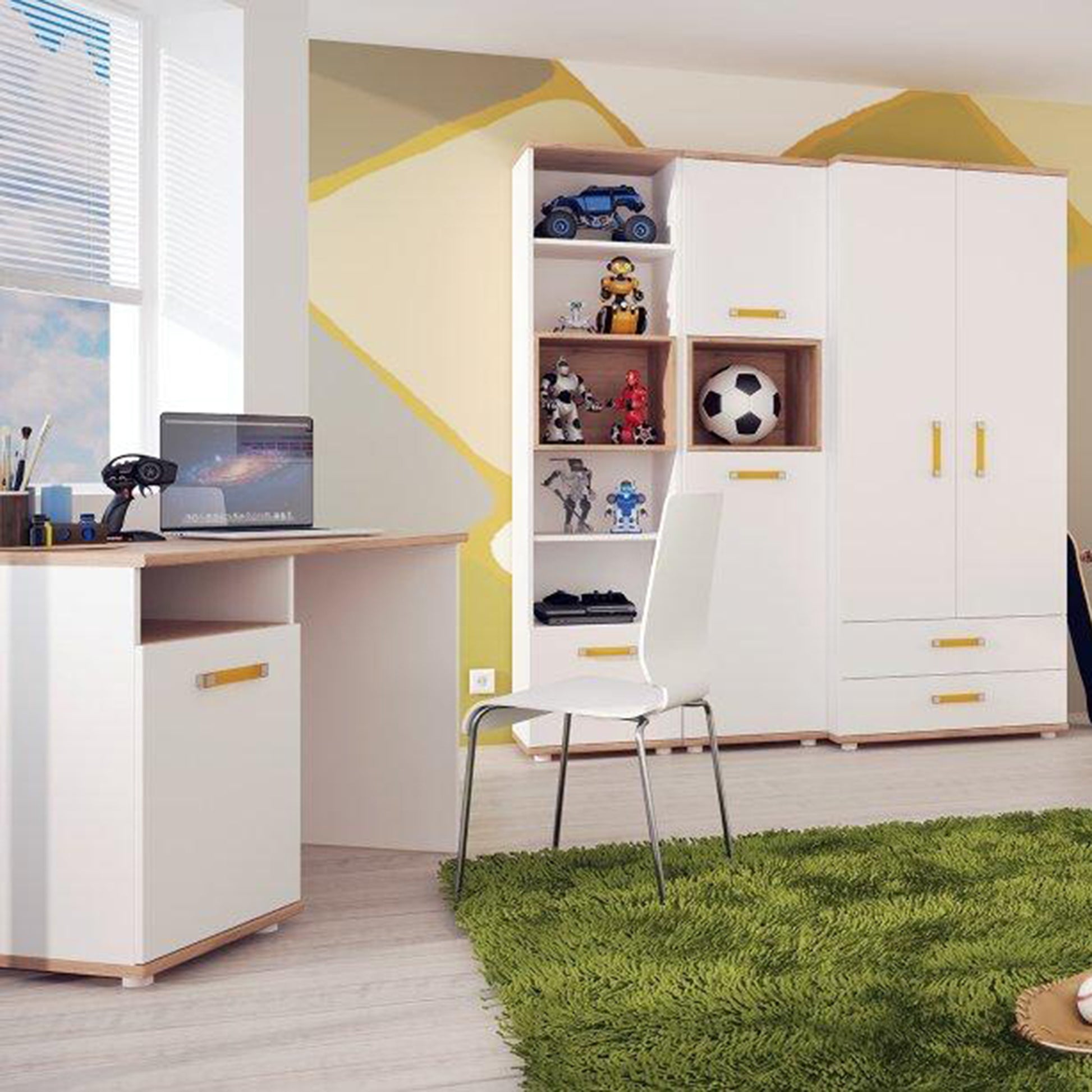 4Kids  Tall 2 Drawer Bookcase in Light Oak and white High Gloss (orange handles)