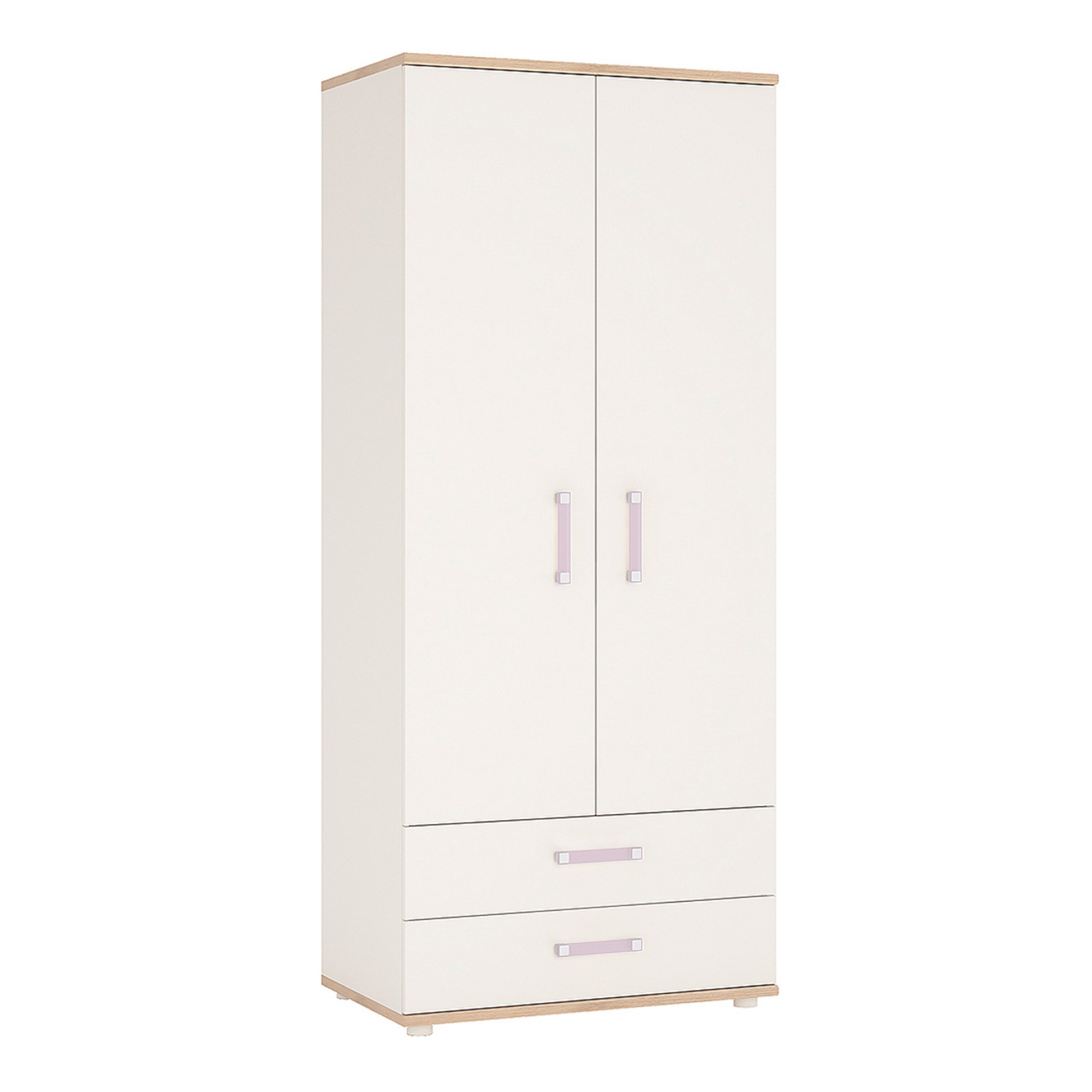 4Kids  2 Door 2 Drawer Wardrobe in Light Oak and white High Gloss (lilac handles)