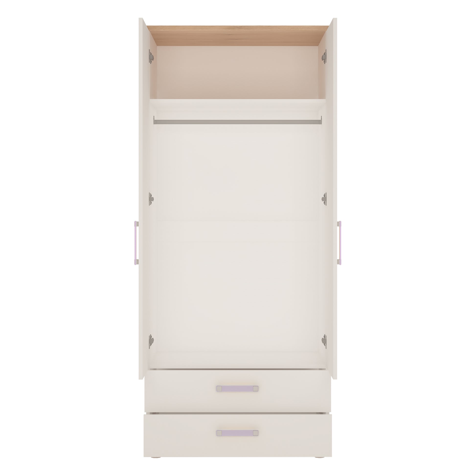 4Kids  2 Door 2 Drawer Wardrobe in Light Oak and white High Gloss (lilac handles)