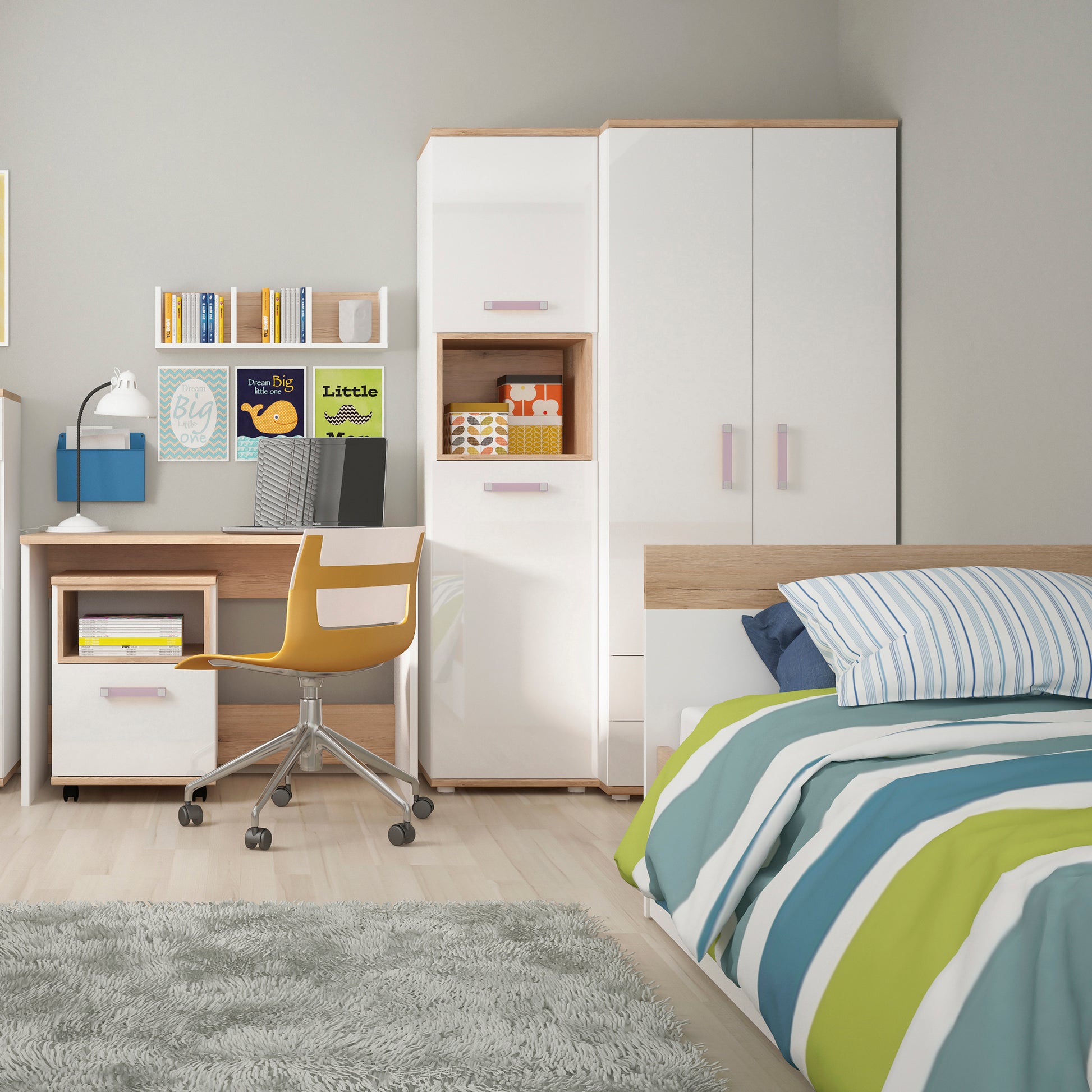 4Kids  2 Door 2 Drawer Wardrobe in Light Oak and white High Gloss (lilac handles)