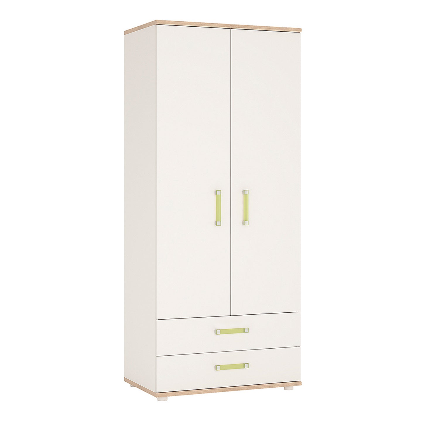 4Kids  2 Door 2 Drawer Wardrobe in Light Oak and white High Gloss (lemon handles)