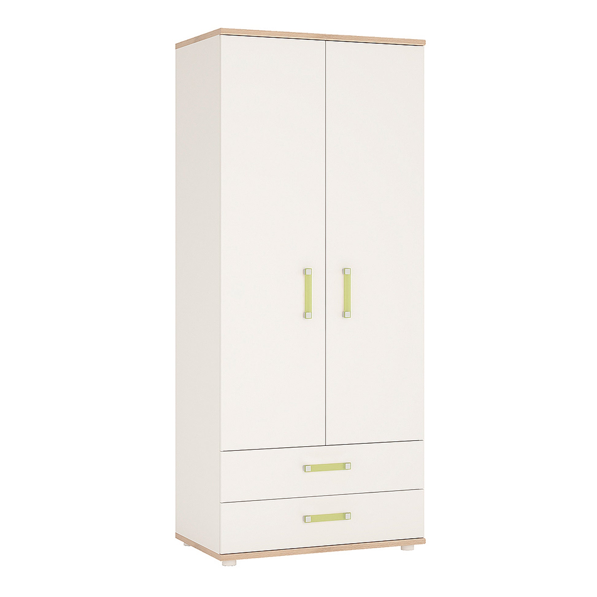 4Kids  2 Door 2 Drawer Wardrobe in Light Oak and white High Gloss (lemon handles)