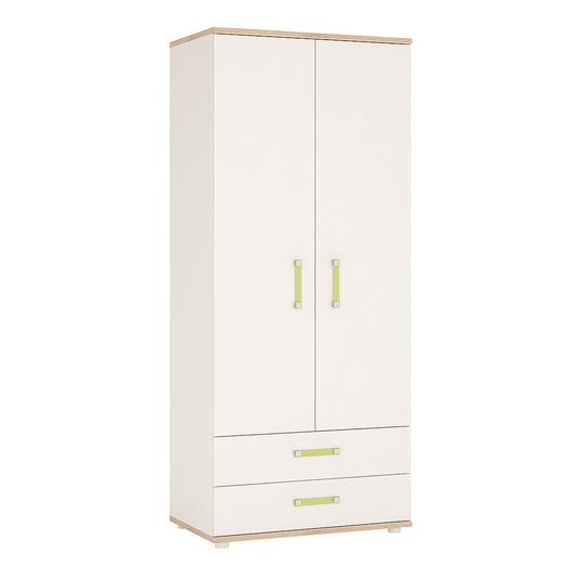 4Kids  2 Door 2 Drawer Wardrobe in Light Oak and white High Gloss (lemon handles)