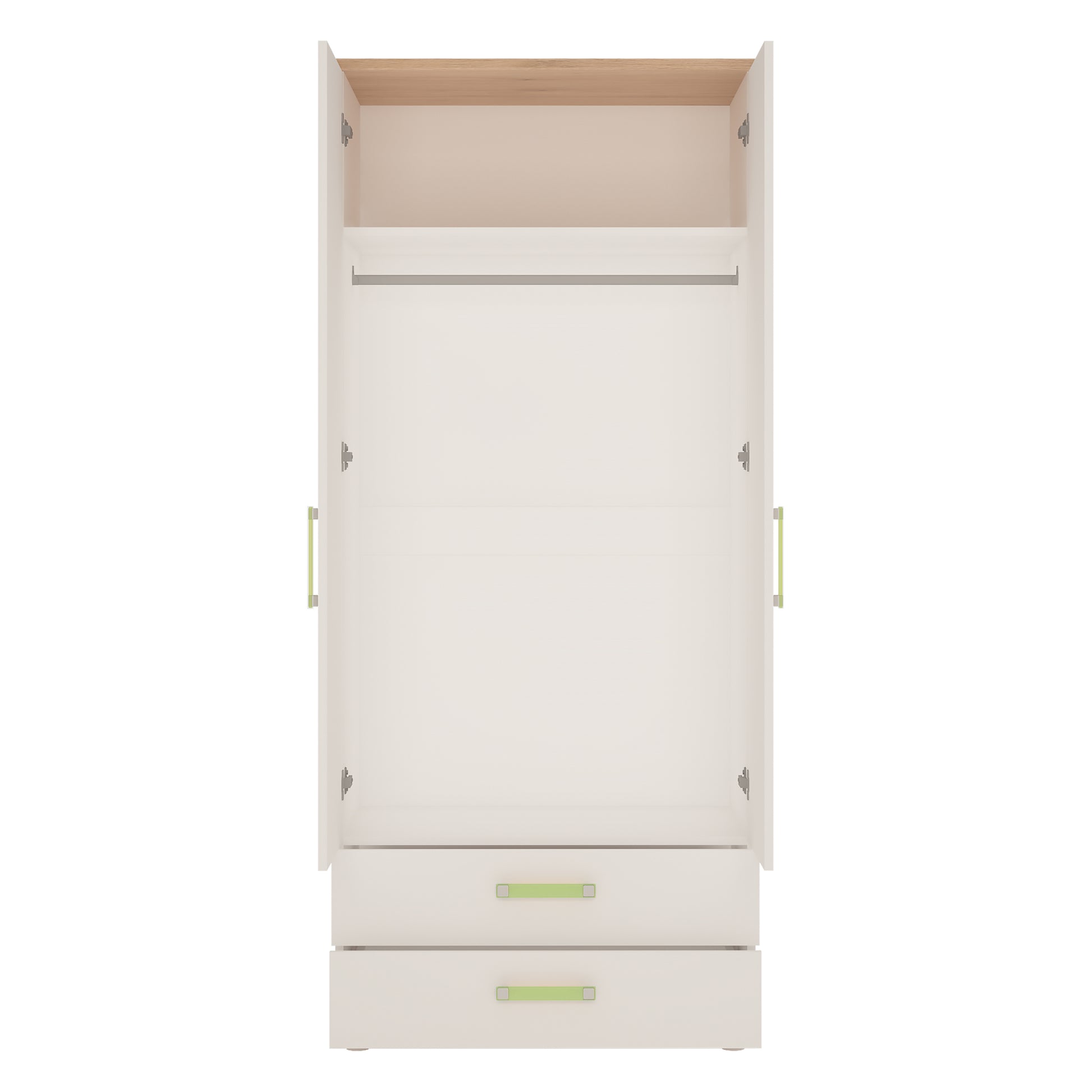4Kids  2 Door 2 Drawer Wardrobe in Light Oak and white High Gloss (lemon handles)