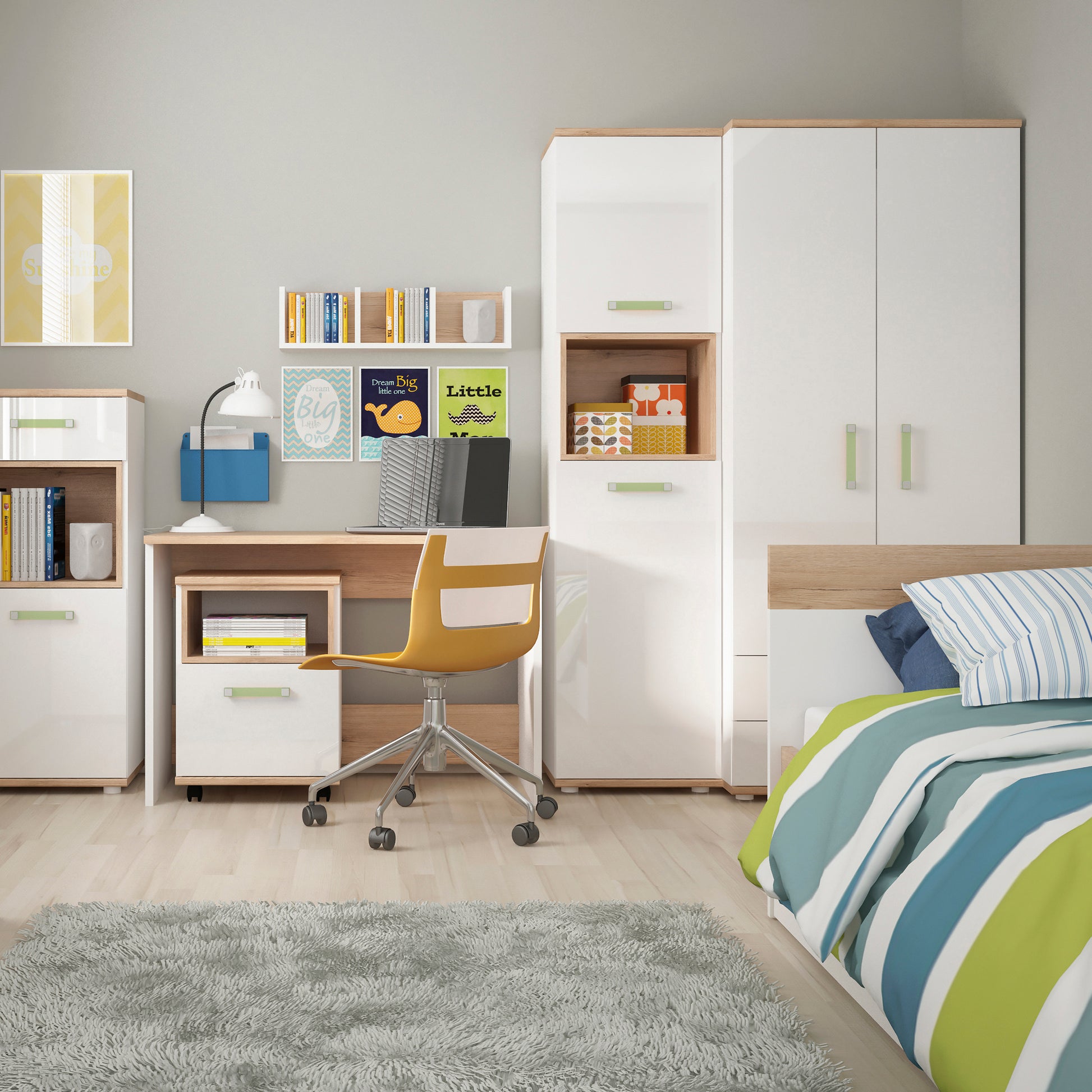 4Kids  2 Door 2 Drawer Wardrobe in Light Oak and white High Gloss (lemon handles)