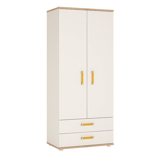 4Kids  2 Door 2 Drawer Wardrobe in Light Oak and white High Gloss (orange handles)