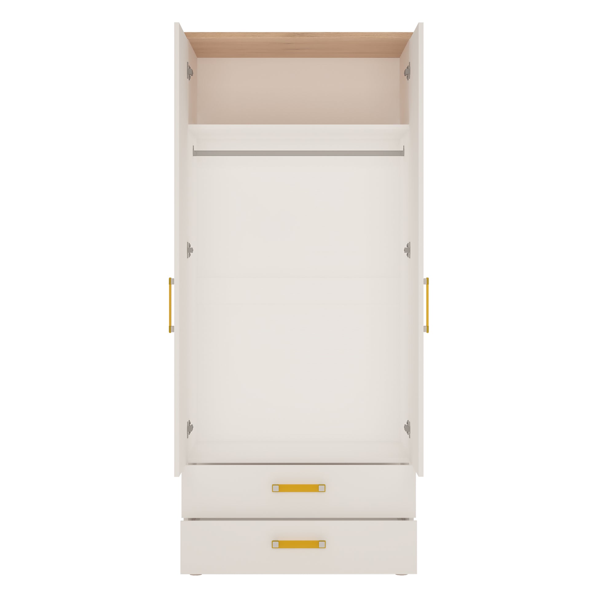 4Kids  2 Door 2 Drawer Wardrobe in Light Oak and white High Gloss (orange handles)