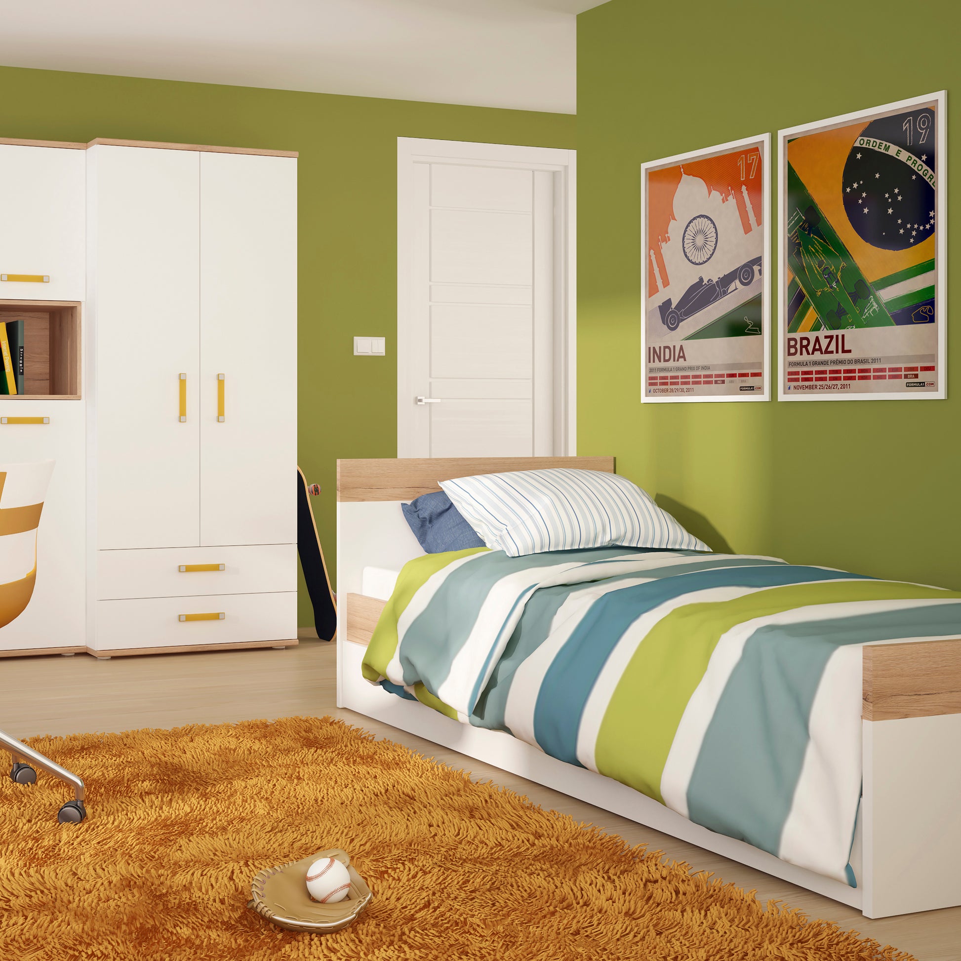 4Kids  2 Door 2 Drawer Wardrobe in Light Oak and white High Gloss (orange handles)