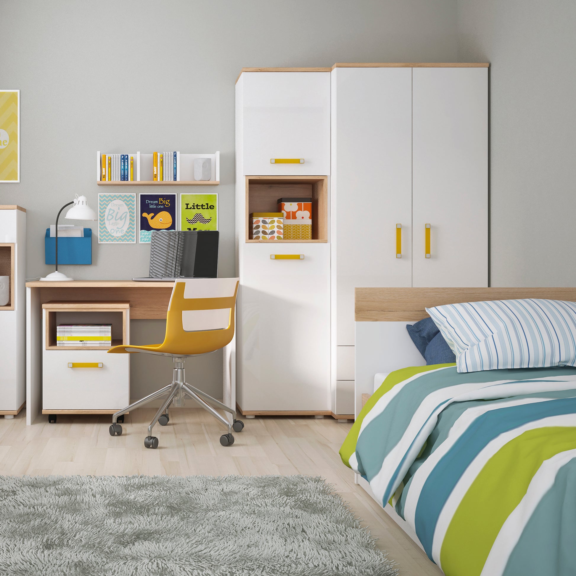 4Kids  2 Door 2 Drawer Wardrobe in Light Oak and white High Gloss (orange handles)